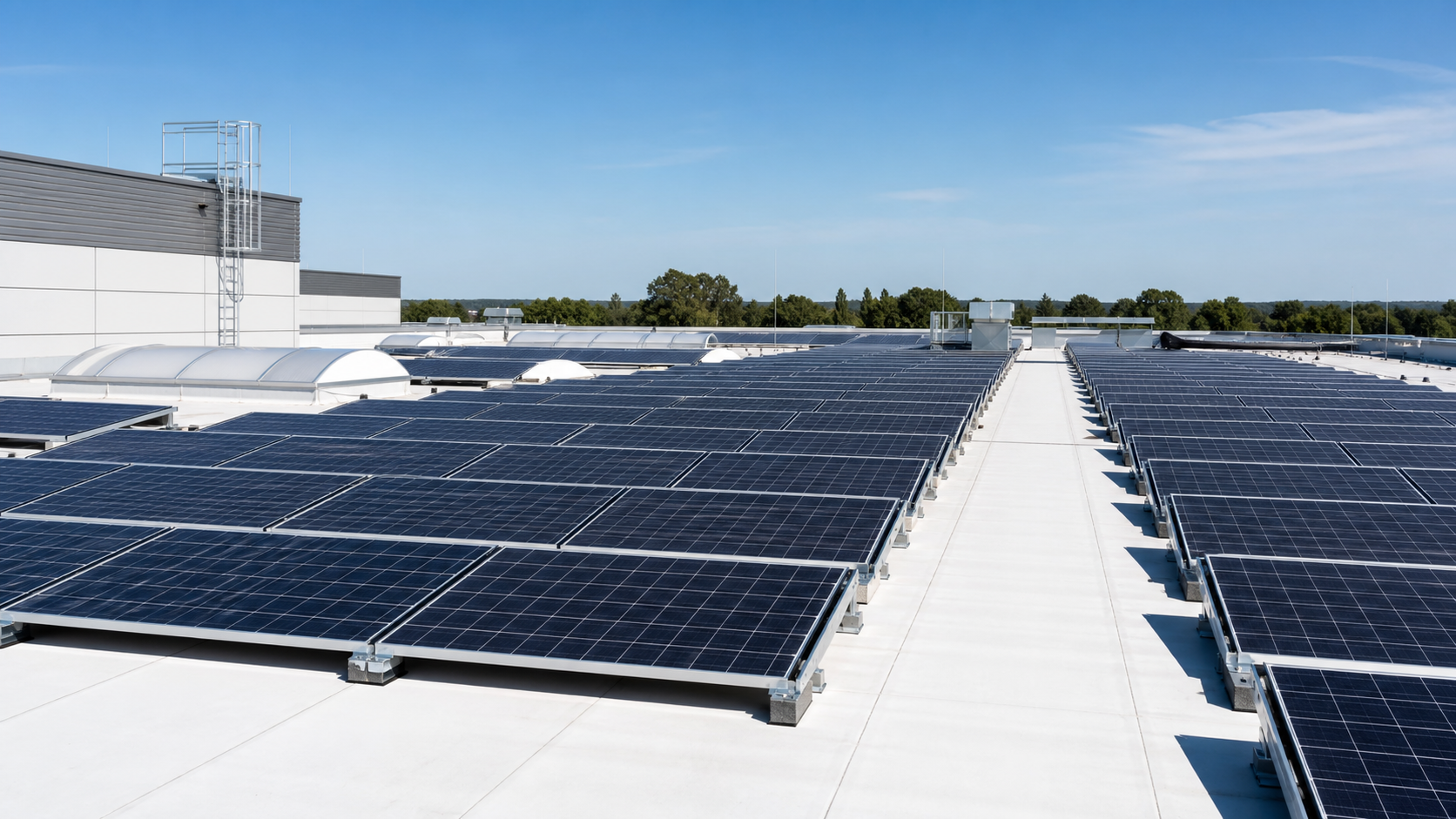Photovoltaikmodule auf einem gewerblichen Flachdach mit heller flexibler Dachbahn