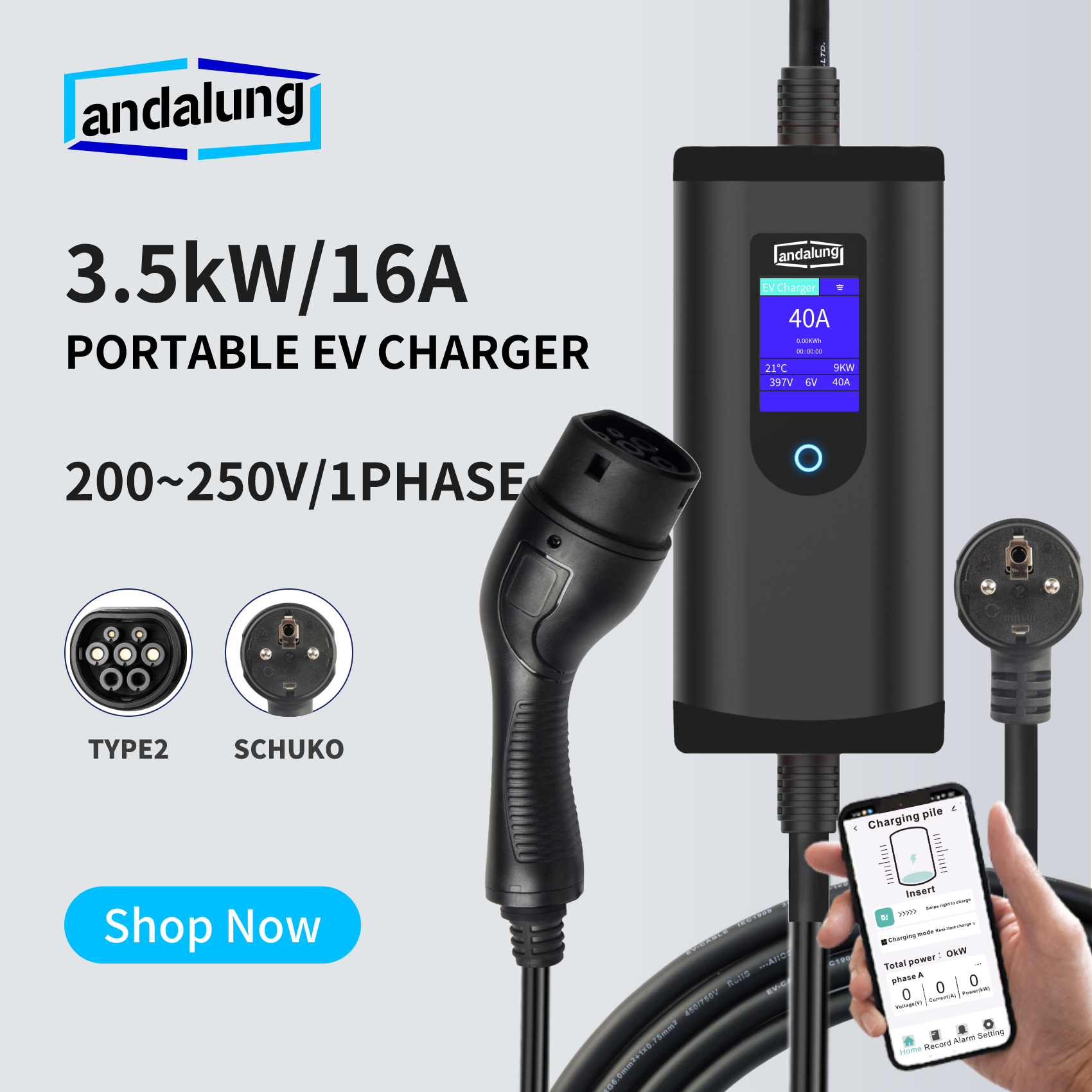 Vor weißem Hintergrund ist ein schwarzes, 7 Meter langes 3,5 kW/16A tragbares EV-Ladegerät der Marke Andalung zu sehen, mit 240V/1PHASE Spannung. Ausgestattet mit TYP2- und SCHUKO-Anschlüssen, ist es mit verschiedenen Elektrofahrzeugen kompatibel und bietet eine effiziente und benutzerfreundliche Lösung für das Heimladen.