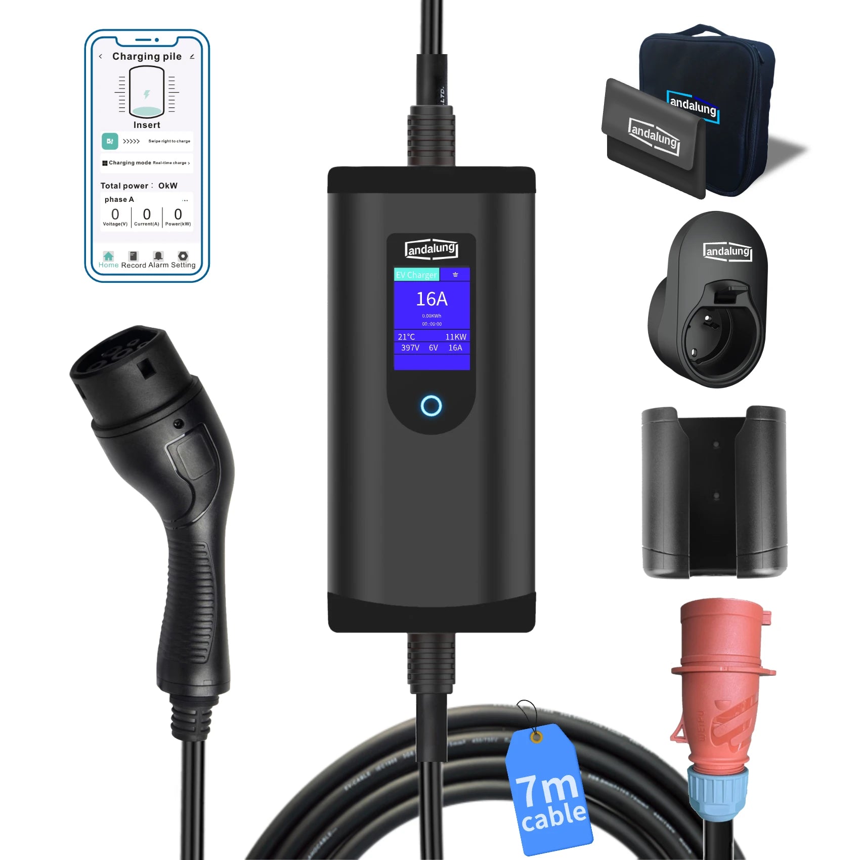 Hier wird ein schwarzer Andalung 11kW tragbarer EV-Ladegerät gezeigt, vor einem weißen Hintergrund. Es werden das Ladegerät und seine Zubehörteile präsentiert, einschließlich eines 7 Meter langen Kabels. Der Benutzer kann das Ladegerät bequem über sein Smartphone steuern und bietet eine effiziente und benutzerfreundliche Ladelösung für Ihr Elektrofahrzeug.