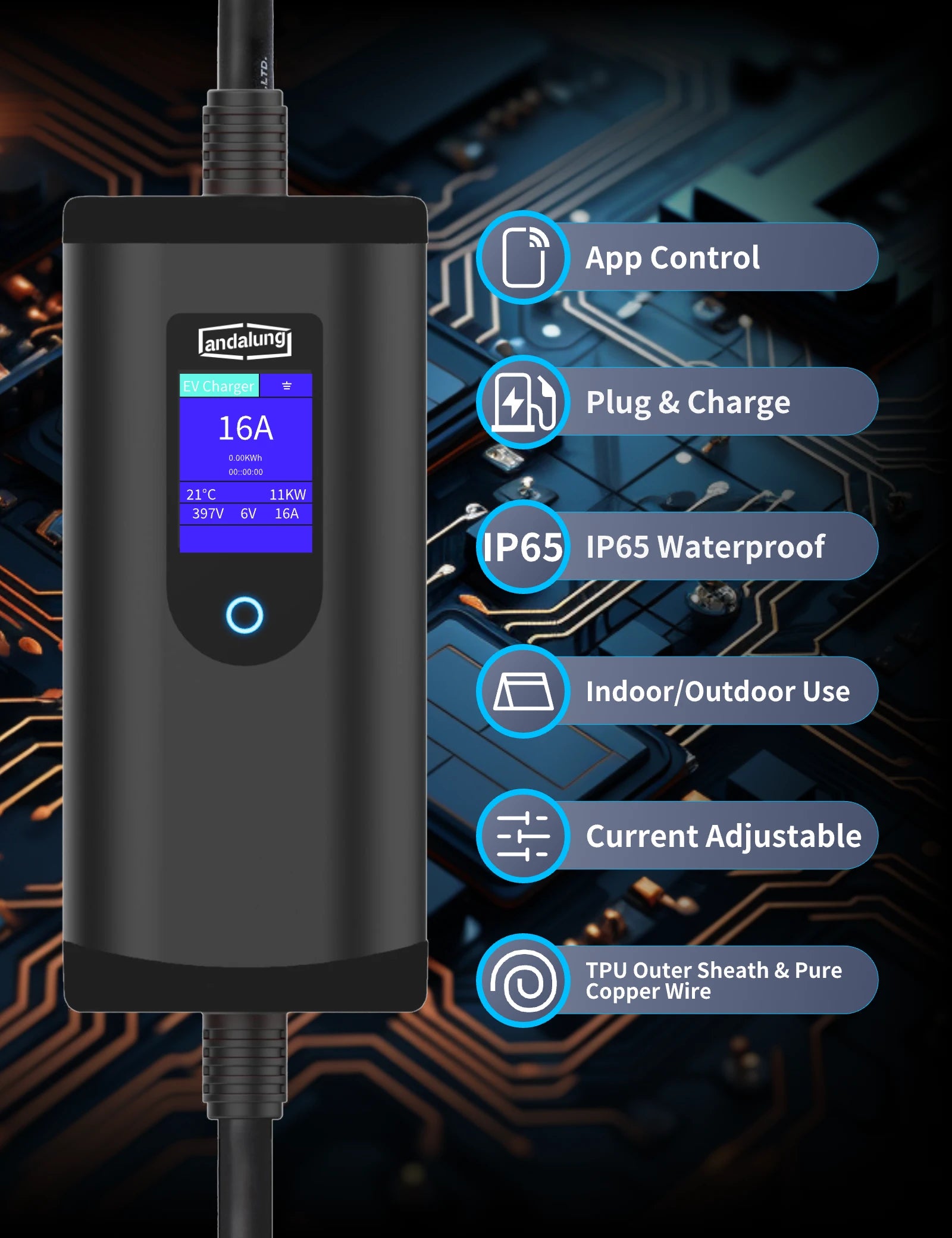 Hier wird ein schwarzer Andalung 11kW tragbarer EV-Ladegerät gezeigt, das App-Steuerung und Plug-and-Charge-Funktion unterstützt. Der Ladegerät bietet eine IP65 wasserdichte Schutzklasse und ist für den Innen- und Außenbereich geeignet. Es verfügt über eine einstellbare Stromstärke und verwendet ein TPU-Außengehäuse sowie reines Kupferkabel für eine effiziente und sichere Ladeerfahrung.