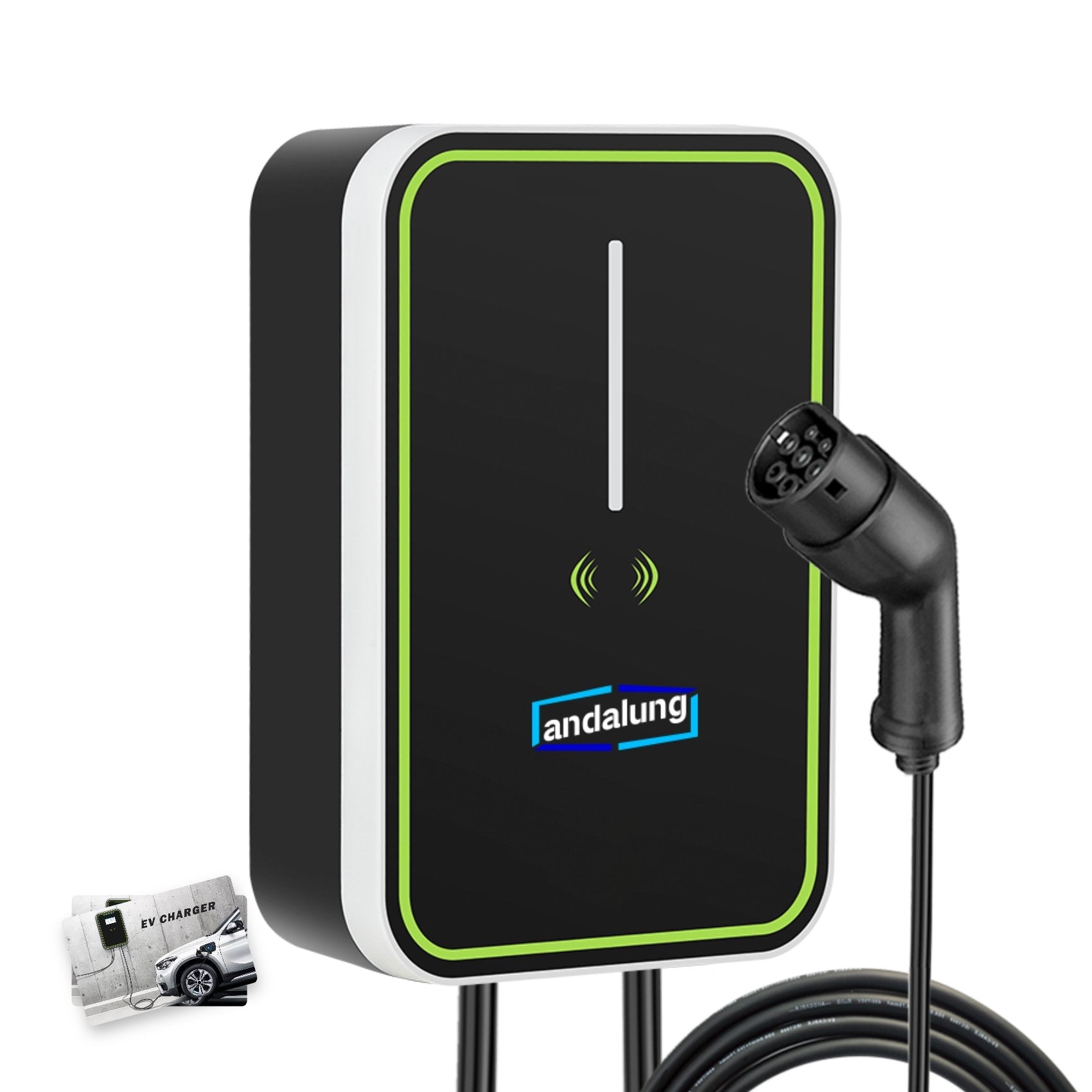 Vor weißem Hintergrund sehen Sie die schwarze Andalung 22kW Wallbox, die es Nutzern ermöglicht, mit einer Karte einfach und effizient ihr Elektrofahrzeug zu laden.