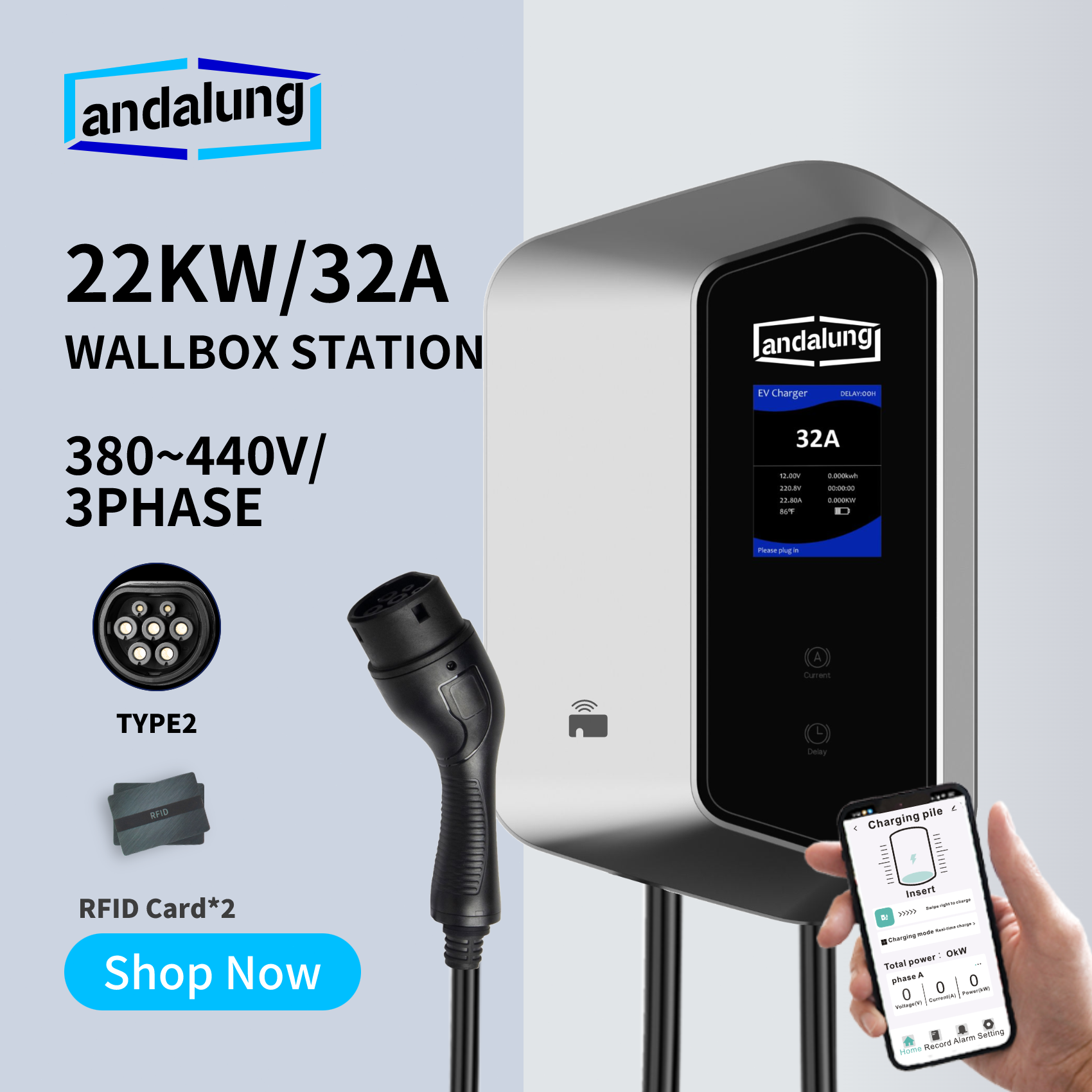 Vor einem weißen Hintergrund steuert ein Benutzer die silberne Andalung 22kW Wallbox-Ladestation per App. Mit 22KW Leistung, 440V/3-Phasen-Strom, TYPE2-Stecker und 2 RFID-Karten bietet sie eine effiziente und bequeme Ladeerfahrung.
