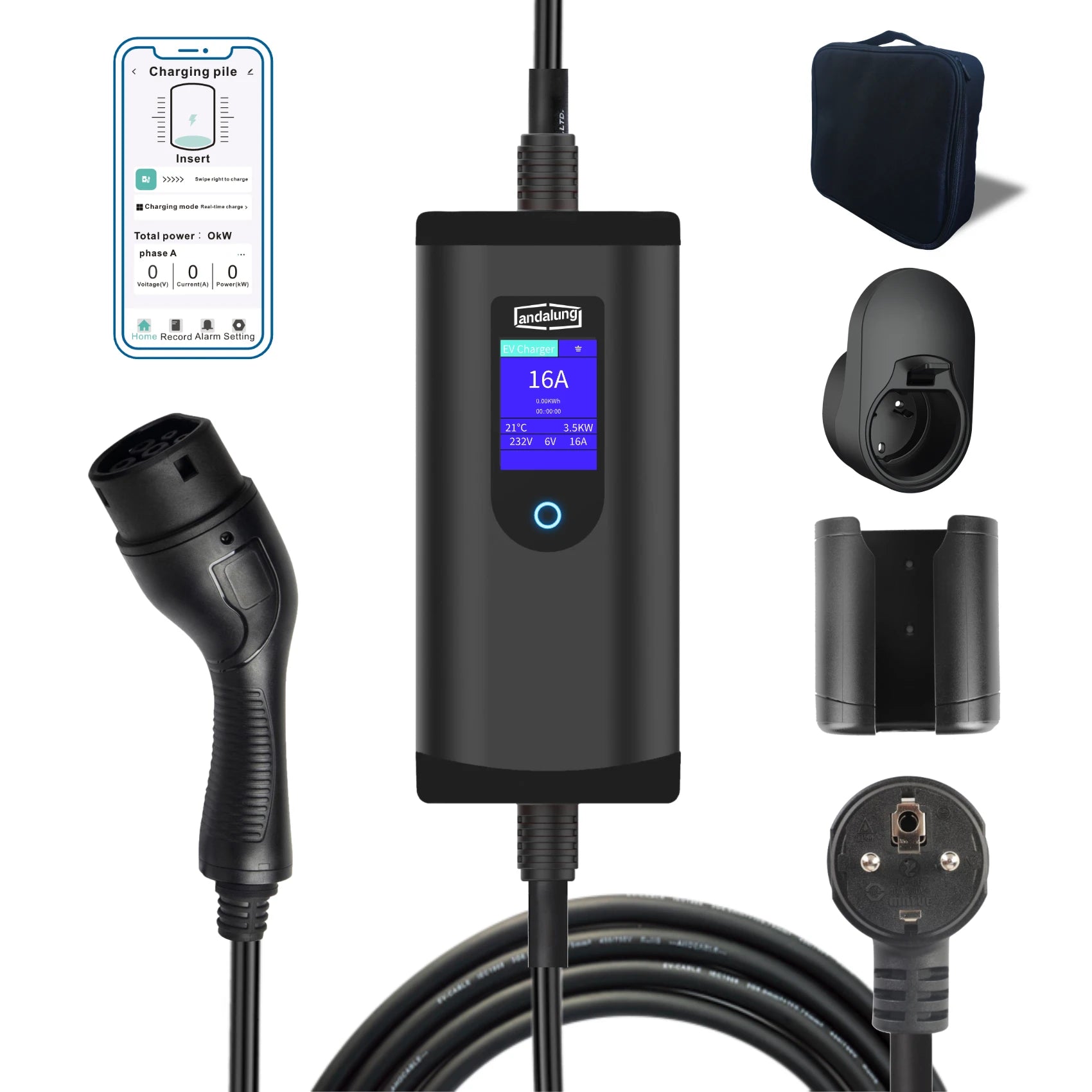 Hier wird das schwarze 3,5 kW Andalung tragbare EV-Ladegerät zusammen mit Zubehör gezeigt. Der Benutzer kann es über die mobile App steuern, um eine effiziente Ladung zu erreichen.