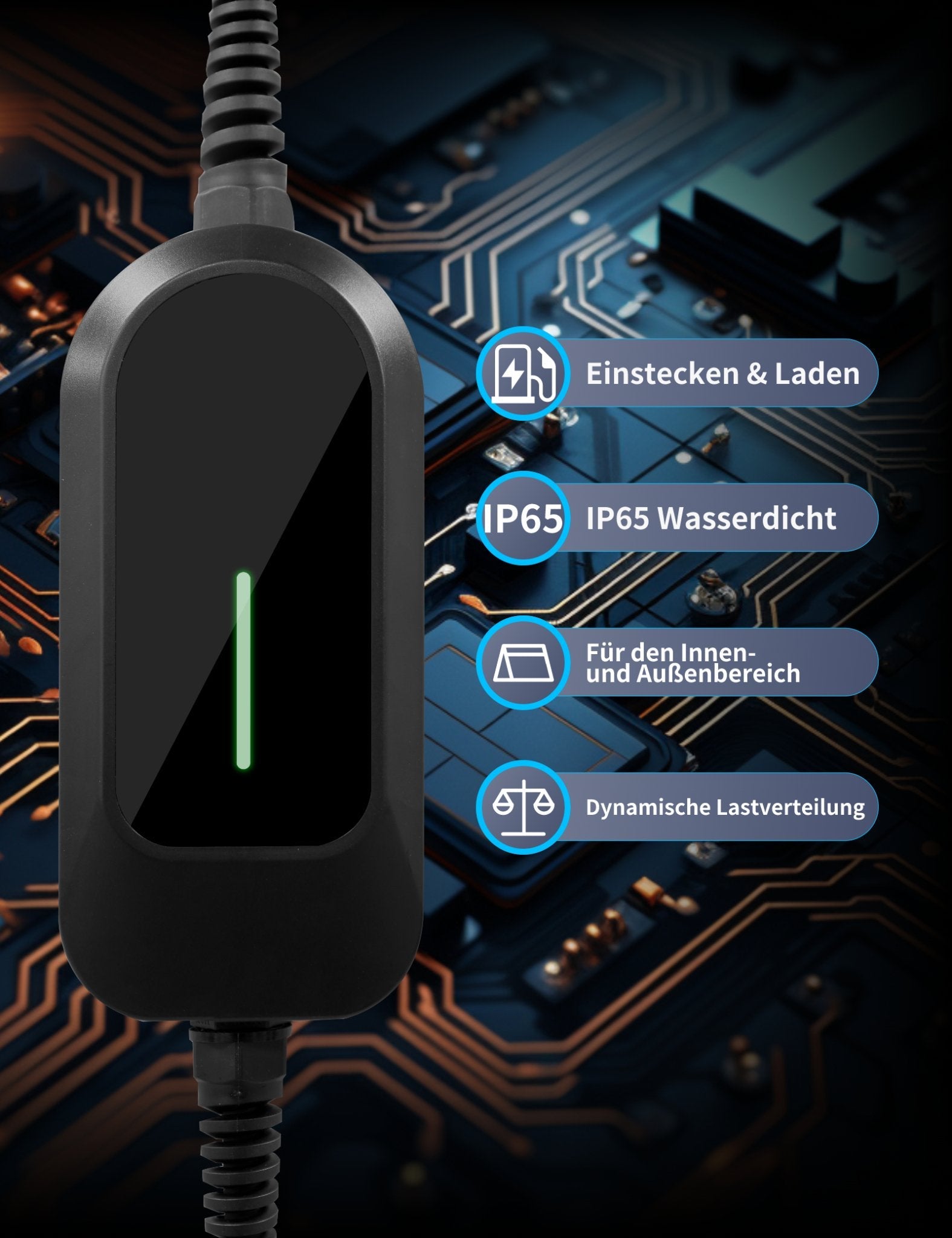 Hier wird das schwarze Andalung 3,5 kW tragbare EV-Ladegerät gezeigt, das über die Funktionen „Einstecken & Laden“, IP65 wasserdicht, für Innen- und Außenbereich geeignet und mit dynamischer Lastenverteilung ausgestattet ist.