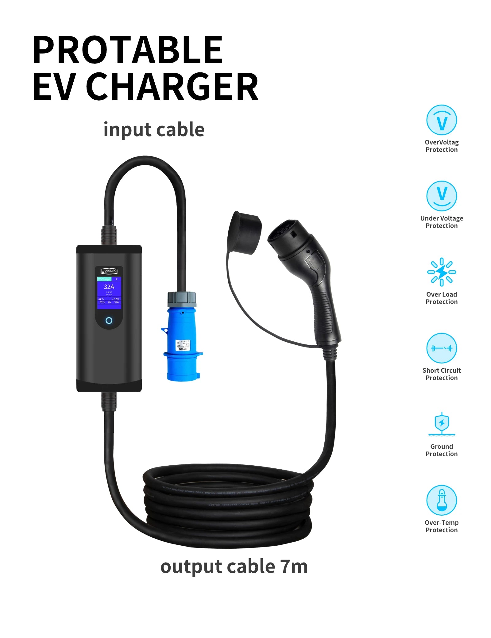 Das Bild zeigt das schwarze Andalung 7 kW EV-Ladegerät mit einem Eingangskabel und einem 7 Meter langen Ausgangskabel. Der Ladegerät verfügt über mehrere Schutzfunktionen, darunter Überspannungsschutz, Unterspannungsschutz, Überlastschutz, Kurzschlussschutz, Erdungsschutz und Überhitzungsschutz, um eine sichere Ladung zu gewährleisten.