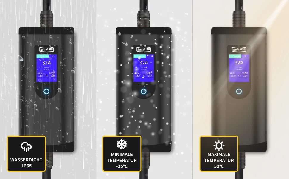 Das schwarze 7kW tragbare EV-Ladegerät von Andalung bietet IP65-Wasserschutz und funktioniert zuverlässig unter extremen Bedingungen. Bei Temperaturen von -35°C bis +50°C sorgt es für eine hervorragende Ladeleistung, die auch unter schwierigsten Wetterbedingungen stabil bleibt.