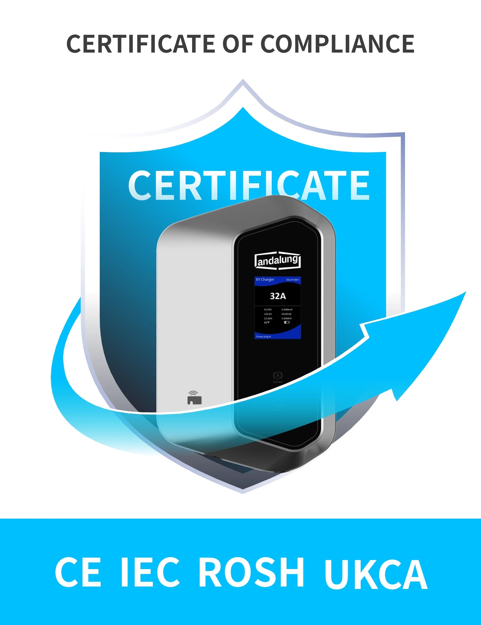 Hier sehen Sie das Konformitätszertifikat des silbernen Andalung 7kW Wallbox EV-Ladegeräts mit CE, IEC, ROHS und UKCA, das die Einhaltung internationaler Standards bestätigt.