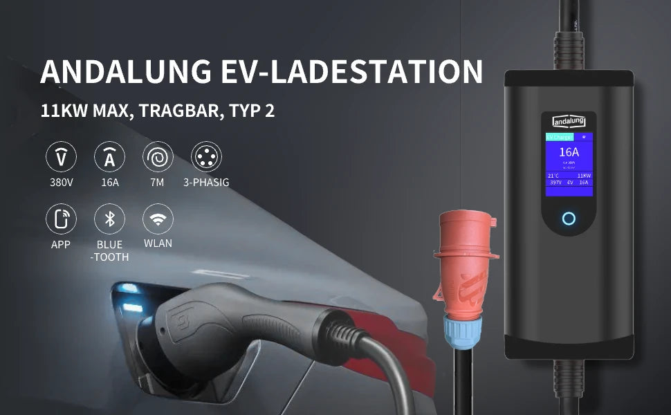 Die elegante schwarze 7m lange Andalung EV-Landestation lädt das Elektroauto mit einer Spitzenleistung von 11 kW auf. Über die App, Bluetooth und WiFi steuerbar, bietet sie nicht nur schnelles Laden, sondern auch eine intelligente und komfortable Lösung für den Alltag.