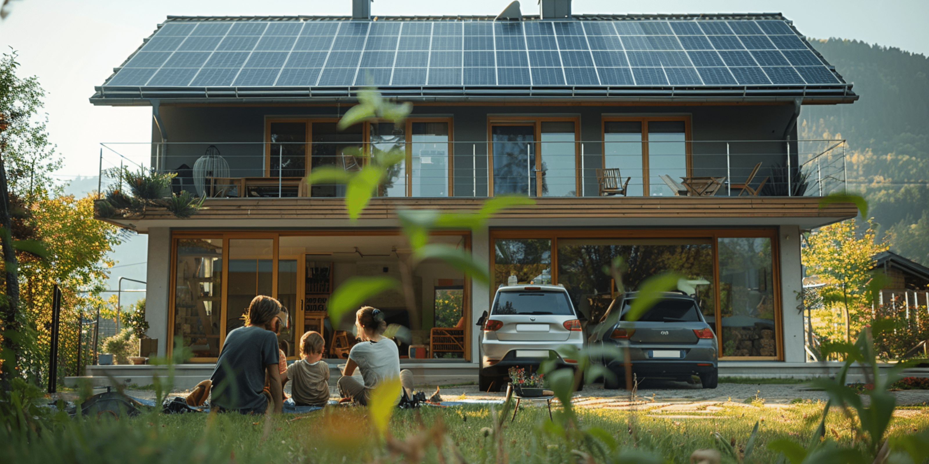 An einem sonnigen Nachmittag genießt eine Familie die Sonne im Garten, während auf ihrem Dach das Solarpanel des Andalung Öko-Haussystems installiert ist. Dieses nachhaltige System verbessert ihren Lebensstil, erhöht das Glücksempfinden und trägt zu einer umweltfreundlicheren Lebensweise bei.