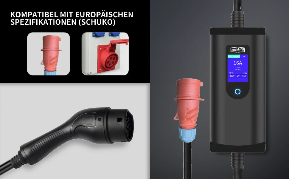 Dieses elegante, 11 kW starke, tragbare EV-Ladegerät mit einem 7 Meter langen Schuko-Stecker lädt effizient auf. Es ist vollständig mit dem europäischen Standard-Schuko-Stecker kompatibel und eignet sich für verschiedene Haushaltsanwendungen, was seine außergewöhnliche Vielseitigkeit und Benutzerfreundlichkeit unterstreicht – die ideale Lösung für Ihre Heimladung.