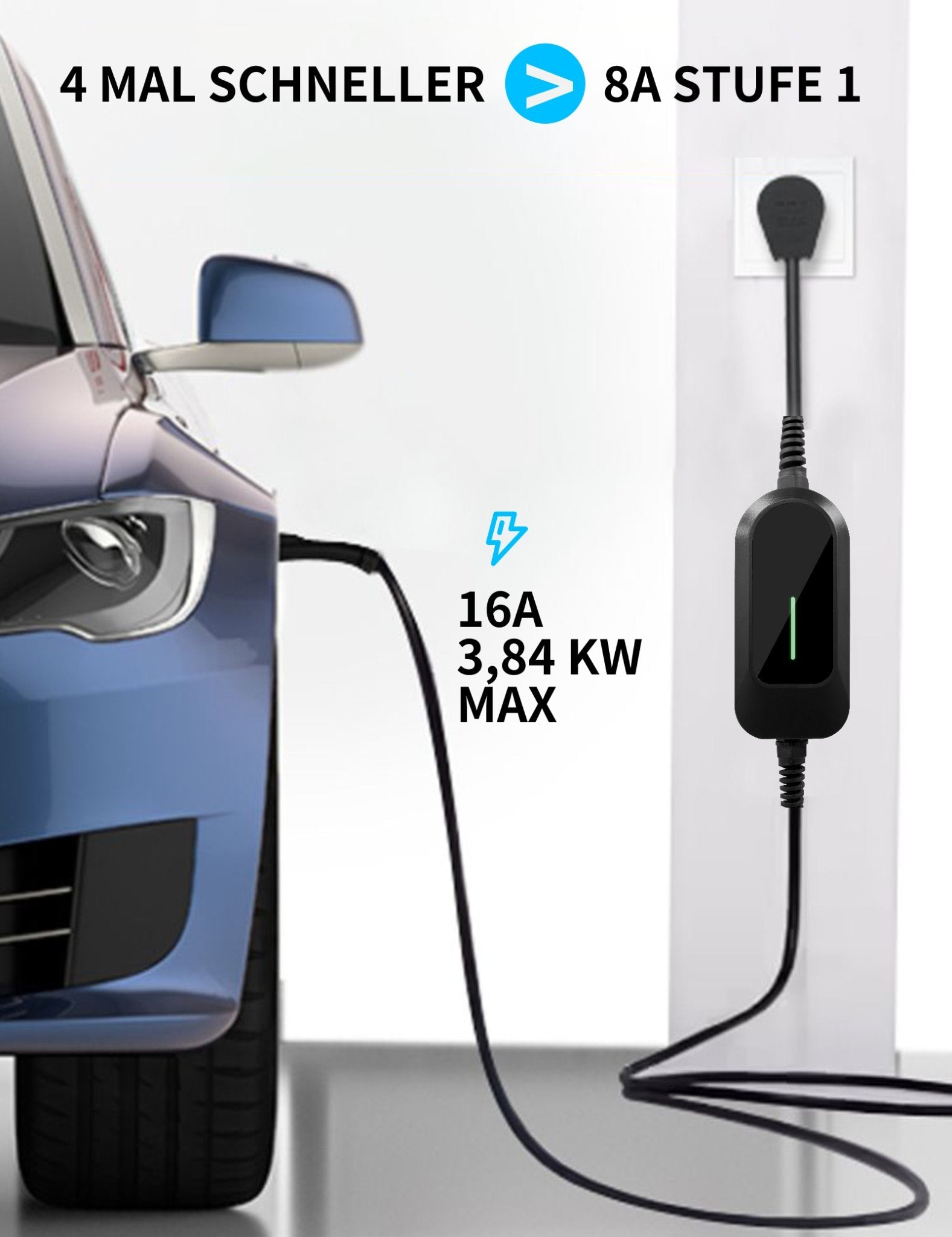 In einer weißen Innenumgebung lädt das schwarze Andalung 3,5 kW tragbare EV-Ladegerät effizient ein Fahrzeug, mit einer 4-mal schnelleren Ladegeschwindigkeit und einer maximalen Ladeleistung von 16A, 3,84 kW.