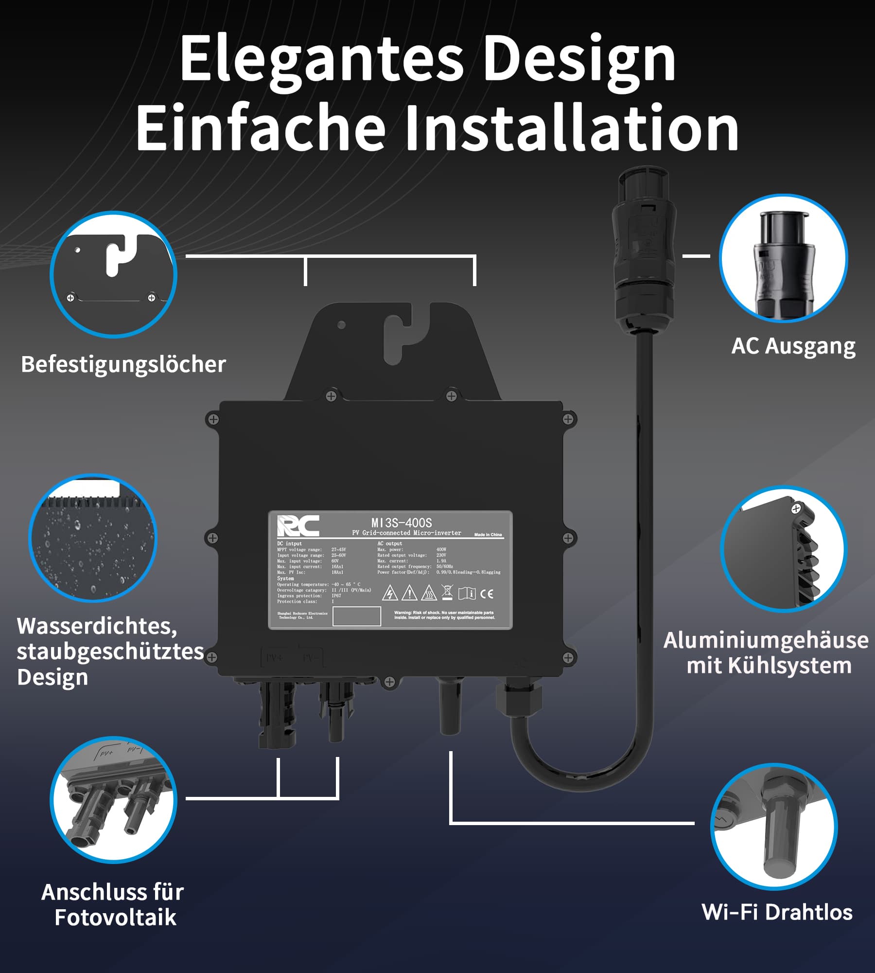 Hier wird der schwarze RC400W Mikro-Photovoltaik-Wechselrichter mit elegantem Design und einfacher Installation gezeigt. Das Gerät verfügt über Befestigungslöcher, einen AC-Ausgang, ein wasserdichtes und staubgeschütztes Design, ein Aluminiumgehäuse mit Kühlsystem sowie einen Anschluss für Photovoltaik und Wi-Fi drahtlos.