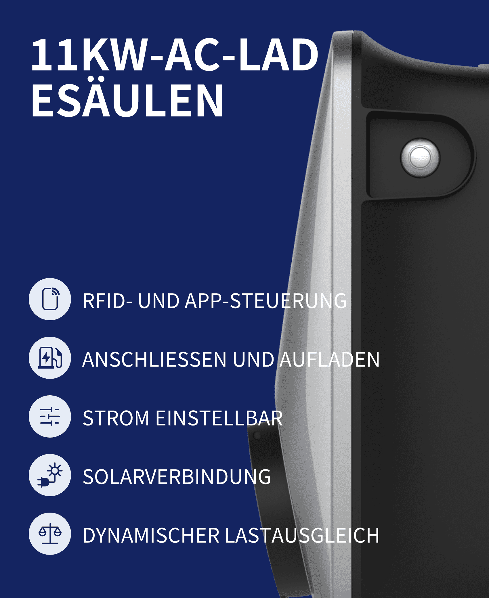 Vor einem blauen Hintergrund wird die silberne FoxESS 11kW Wallbox gezeigt, die RFID- und APP-Steuerung unterstützt, mit einstellbarem Strom, Solaranschluss und dynamischer Lastausgleichsfunktion.