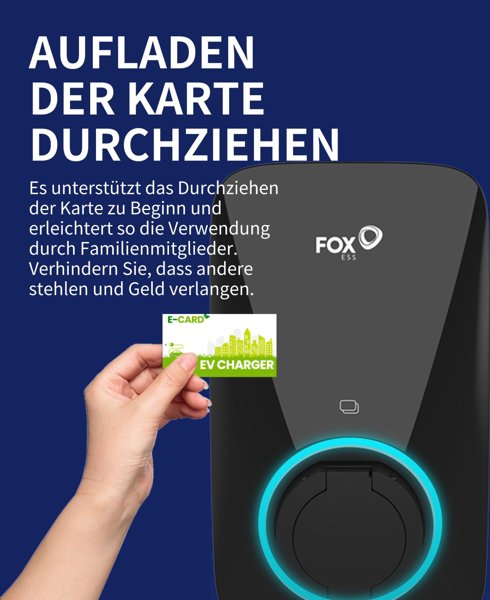 Vor blauem Hintergrund zeigt es einen Benutzer, der eine schwarze FoxESS 22 kW Wallbox für Elektrofahrzeuge durch Kartendurchziehen bedient. Die Wallbox unterstützt den Kartenstart, was die Nutzung durch Familienmitglieder erleichtert und verhindert, dass andere die Nutzung stehlen oder Gebühren verlangen.