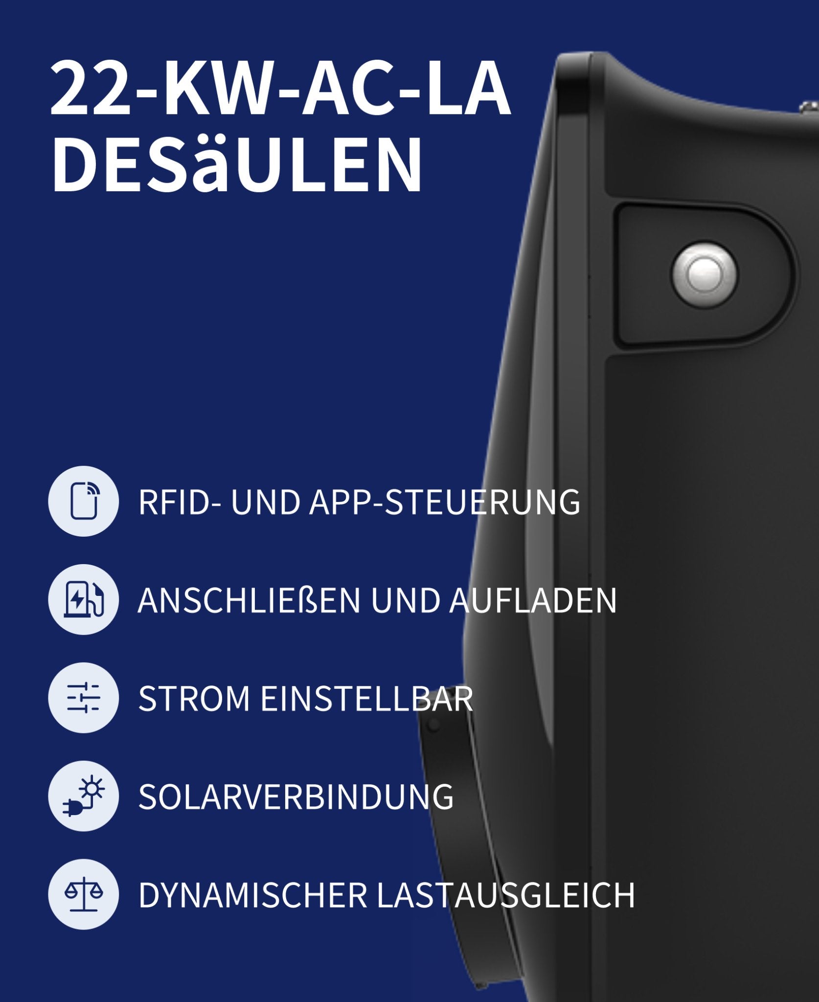 Vor blauem Hintergrund wird eine schwarze FoxESS 22 kW Wallbox für Elektrofahrzeuge gezeigt, die über RFID- und App-Steuerung verfügt, Anschluss und Aufladung unterstützt, einstellbare Ladeleistung bietet, eine Solarverbindung ermöglicht und dynamisches Lastmanagement umfasst.