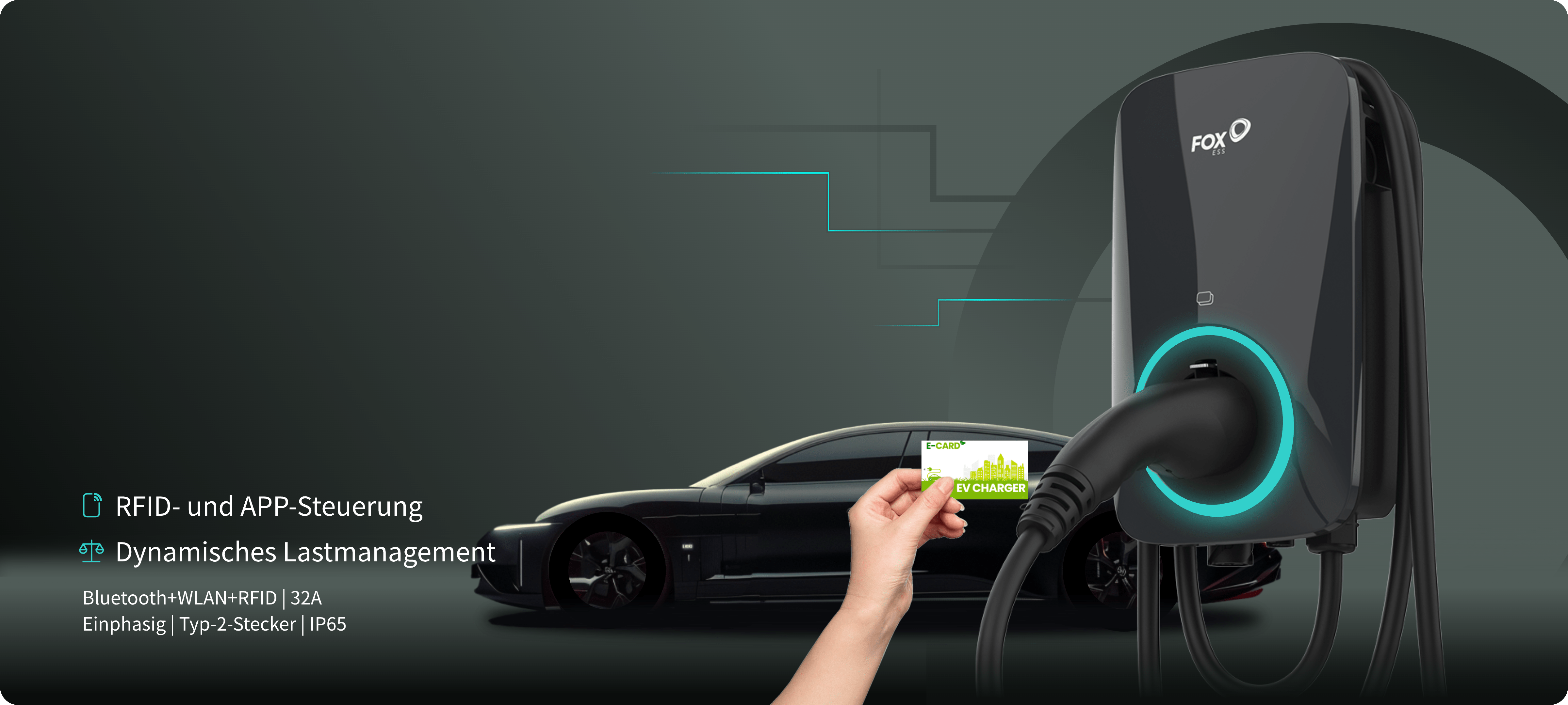 Das schwarze FoxESS Elektroauto-Ladegerät nutzt fortschrittliche Fernbluetooth-Technologie, um Ihr Fahrzeug schnell und effizient zu laden, und macht Ihre täglichen Fahrten komfortabler und intelligenter.