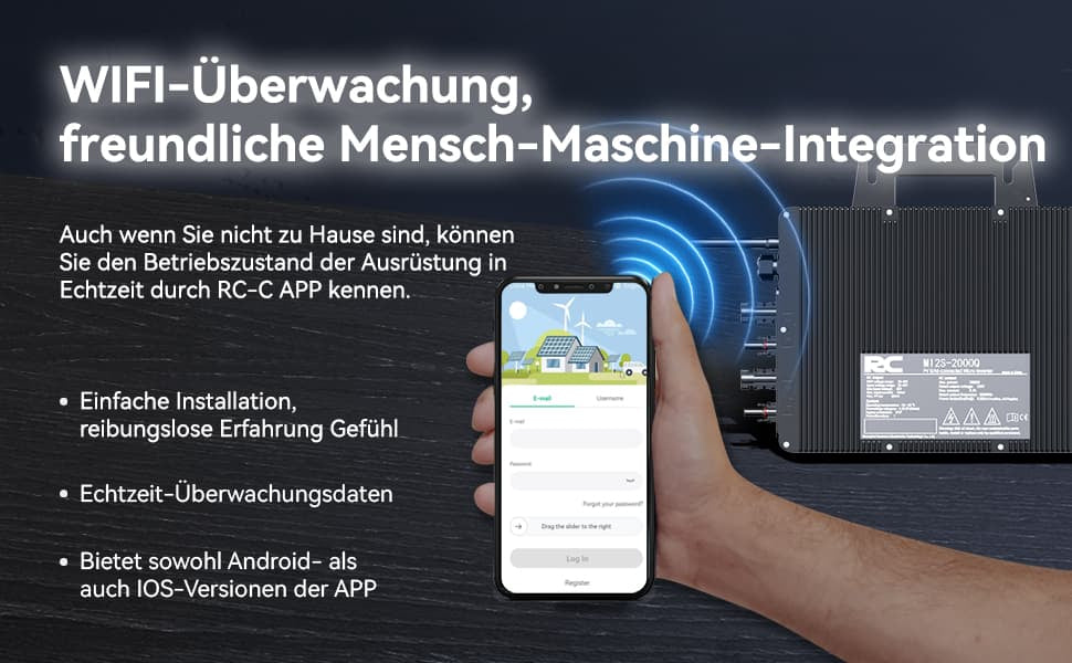 Dieses Bild zeigt die Funktionen der APP- und Wi - Fi - Steuerung. Es zeigt, dass Sie auch außerhalb des Hauses den Gerätezustand in Echtzeit über die RC - C - APP überwachen können.
Die Funktionen umfassen:
Einfache Installation für ein reibungsloses Benutzererlebnis.
Echtzeit - Überwachungsdaten.
Verfügbarkeit sowohl der Android - als auch der iOS - Version der APP.
