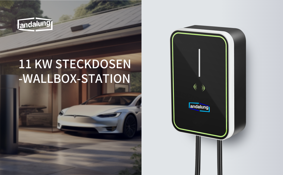 Hier wird die schwarze Andalung 11 kW Wallbox-Elektroauto-Ladestation präsentiert, die hochwertiges Design bietet, 11 kW Leistung, 380 V, 16 A unterstützt und drei optionale Funktionen wie Plug-and-Play bietet – ideal für das Laden zu Hause. Die leistungsstarke Steuerplatine unseres besten 11 kW EV-Ladegeräts ist mit allen E-Autos kompatibel. Der intelligente Chip schützt Ihr Auto und die Elektronik für ein sorgenfreies Laden.