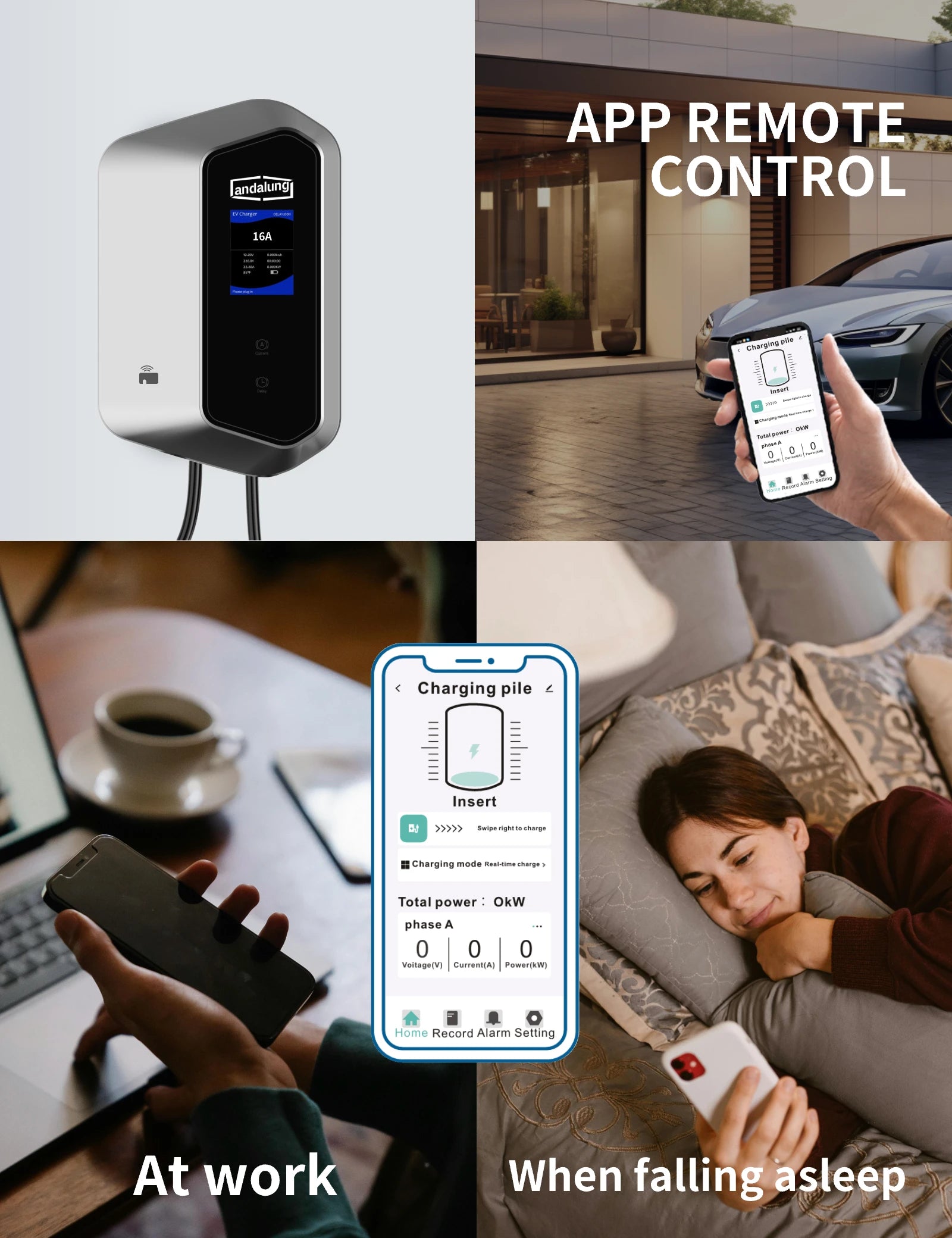 Hier wird die silberne Andalung 11 kW Wallbox-Elektroauto-Ladestation gezeigt, die Benutzer einfach über die App fernsteuern können. Ob während der Arbeit oder beim Einschlafen, die App-Steuerung bringt großen Komfort in Ihren Alltag.
