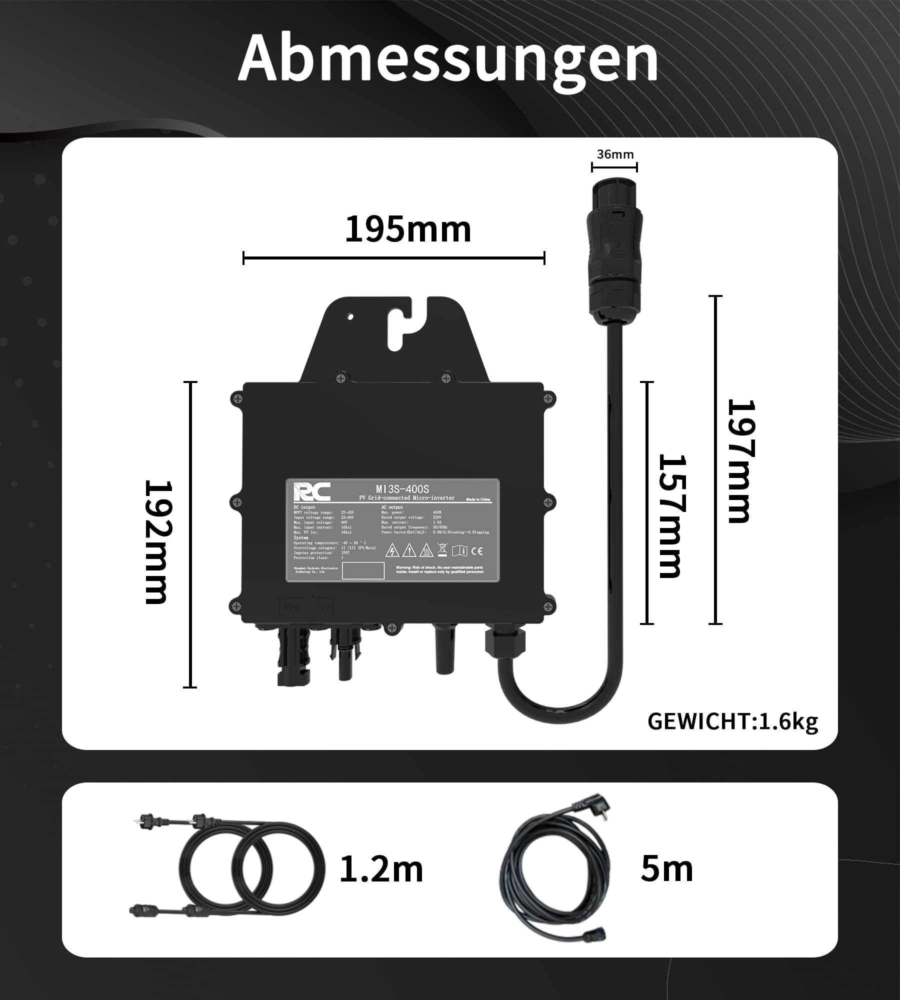 Hier sehen Sie den schwarzen RC400W Photovoltaik Mikro-Wechselrichter. Mit den Maßen 232 mm (Länge) x 195 mm (Breite) und einem Gewicht von nur 1,6 kg bietet er ein kompaktes, benutzerfreundliches Design für schnelle Installation und effiziente Anwendung.