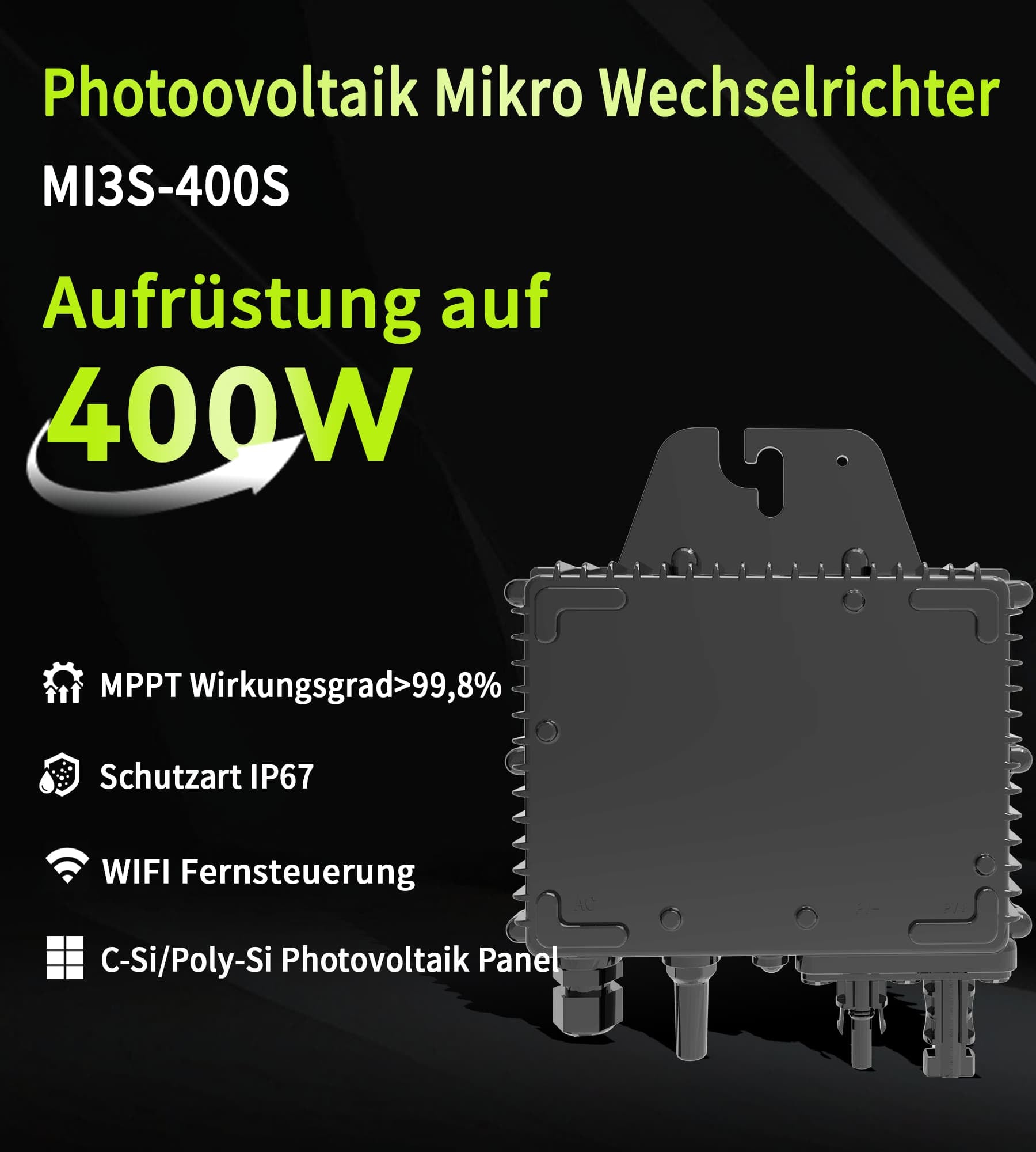 Hier sehen Sie den schwarzen RC400W Photovoltaik Mikro-Wechselrichter (Modell: MI3S-400S) mit einer MPPT-Effizienz von über 99,8% und Schutzart IP67. Er unterstützt WiFi-Fernsteuerung und ist kompatibel mit C-Si/Poly-Si Photovoltaik-Panels – die ideale Wahl für effiziente PV-Systeme.