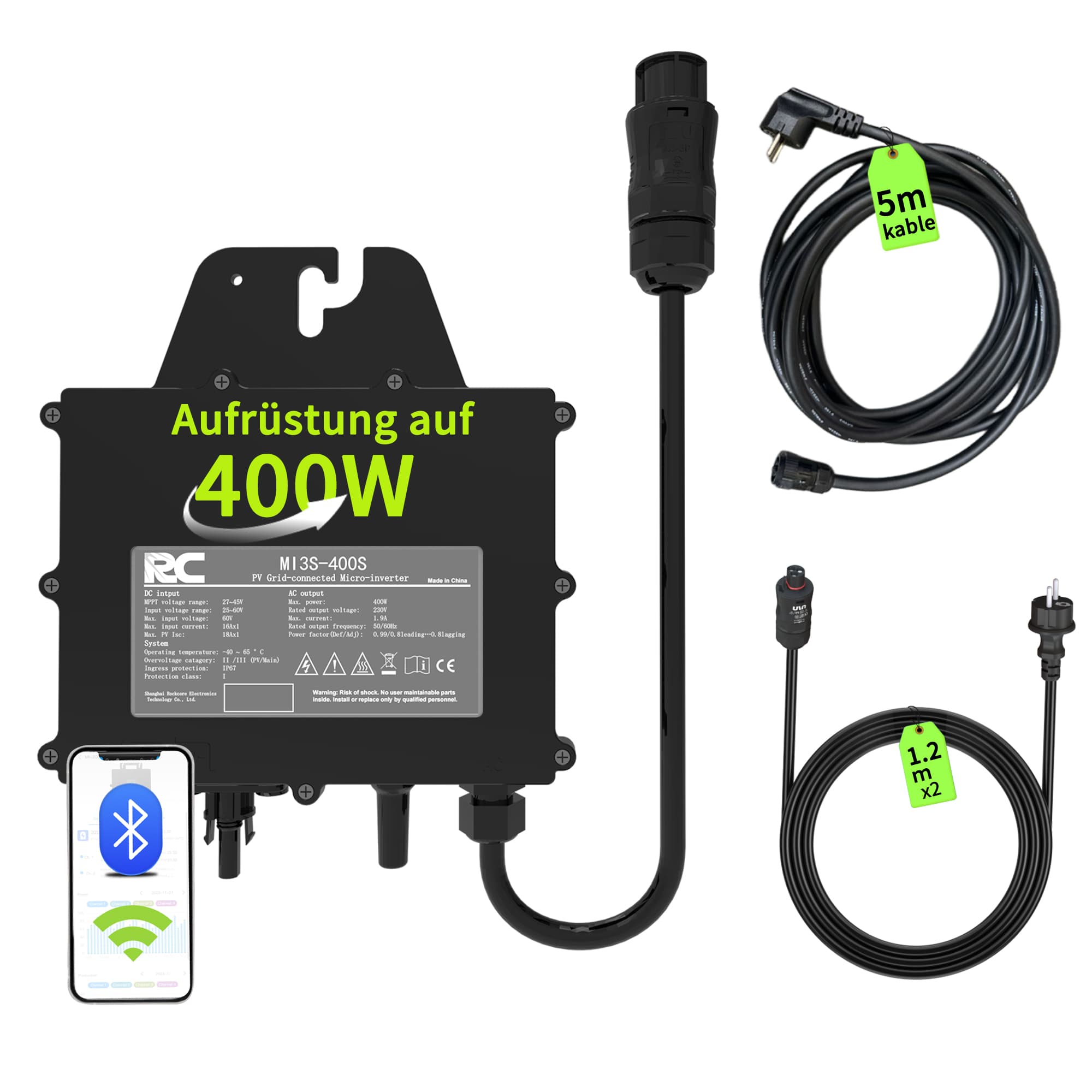 Hier wird ein schwarzer RC400W Photovoltaik Mikro-Wechselrichter gezeigt, ausgestattet mit einem 5 Meter langen Kabel und zwei 1,2 Meter langen Verbindungskabeln. Benutzer können ihn über WiFi oder Bluetooth mit ihrem Smartphone steuern, was eine bequeme und intelligente Steuerung ermöglicht.