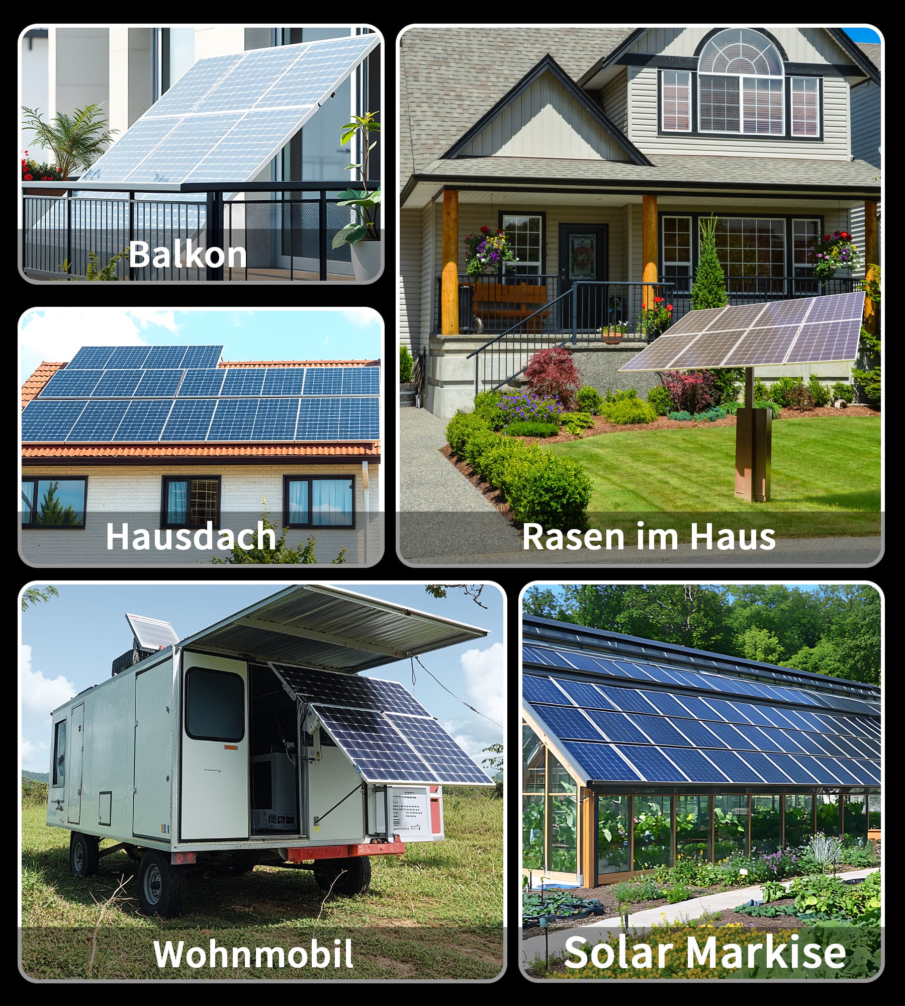 Dieser schwarze RC400W Mikro-Photovoltaik-Wechselrichter bietet vielseitige Einsatzmöglichkeiten, z.B. auf Balkonen, Dächern, in Innenräumen mit Rasen, in Wohnmobilen oder an Solarmarkisen – flexibel und praktisch für alle Anforderungen.