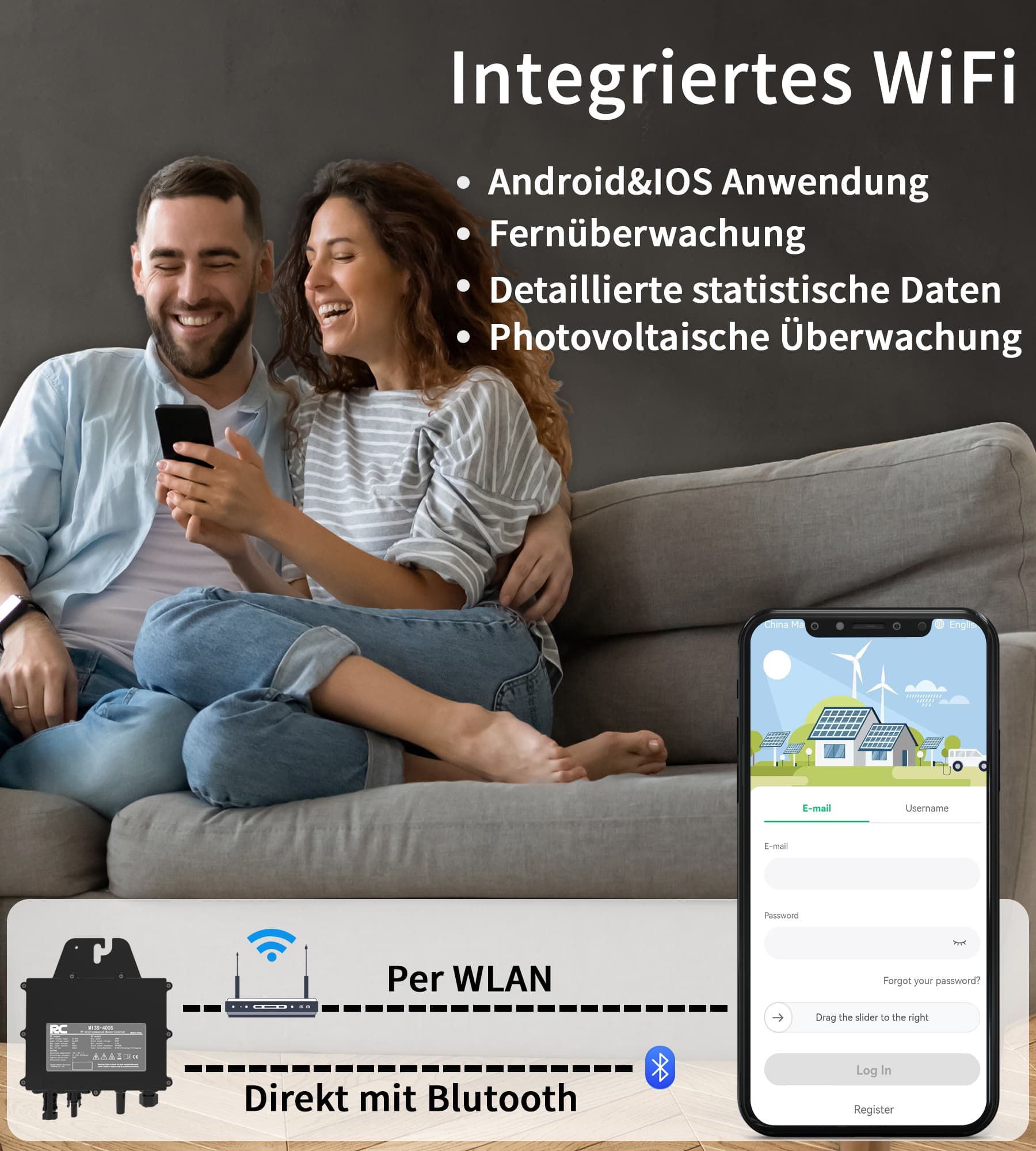 Dieser schwarze RC400W Photovoltaik Mikro-Wechselrichter mit integriertem Wi-Fi unterstützt Android- und iOS-Apps. Er ermöglicht Fernüberwachung und detaillierte statistische Auswertungen. Mit WLAN oder Bluetooth verbunden, vereinfacht er das Management des Photovoltaik-Systems und erleichtert den Alltag.