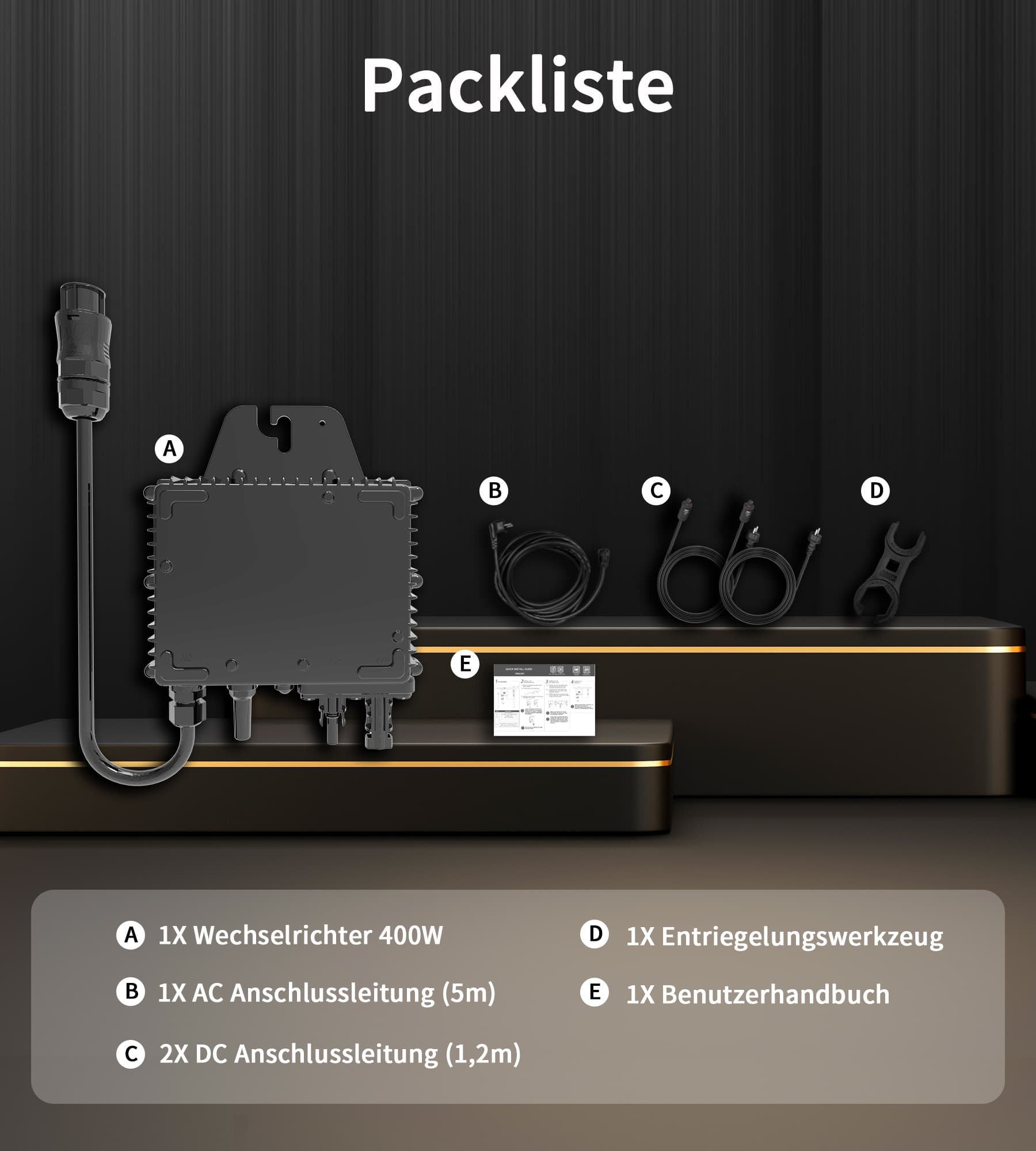 Hier wird die Verpackungsliste des schwarzen RC400 Mikro-Photovoltaik-Wechselrichters präsentiert, bestehend aus: 1x 400W Wechselrichter, 1x 5m AC Anschlussleitung, 2x 1,2m DC Anschlussleitungen, 1x praktisches Entriegelungswerkzeug und 1x ausführlichem Benutzerhandbuch – alles, was für eine einfache Installation benötigt wird.