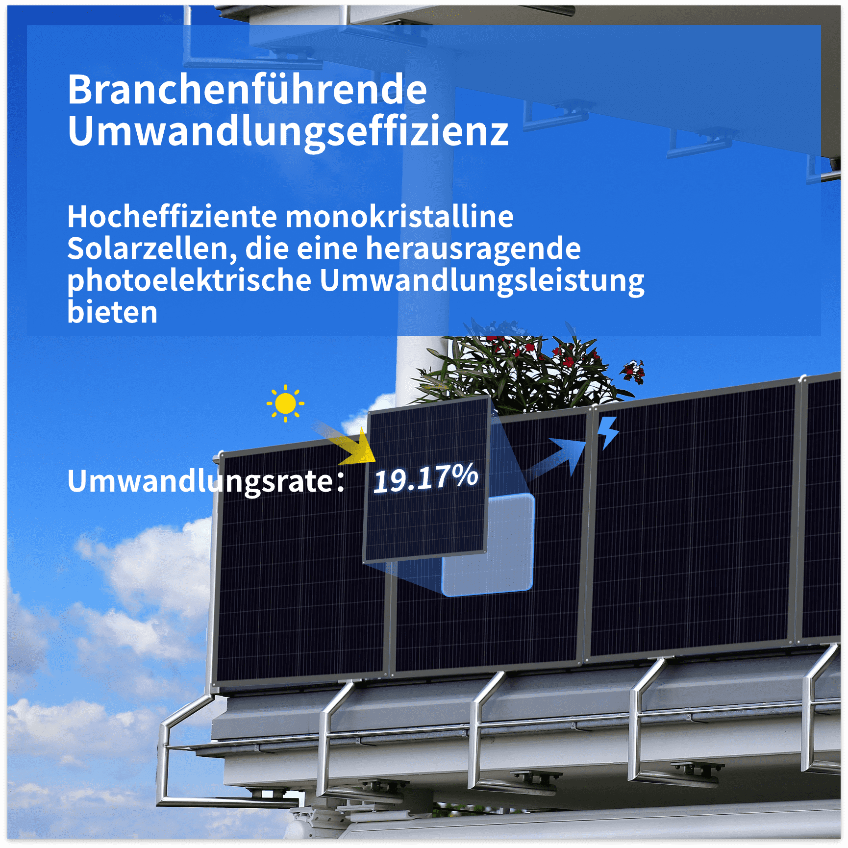 Auf dem Balkon eines Hochhauses nutzt der Benutzer das RC800W flexible Solarsystem. Das System bietet branchenführende Umwandlungseffizienz mit hocheffizienten monokristallinen Solarzellen, die eine herausragende photoelektrische Umwandlungsleistung bieten. Umwandlungsrate: 19,17%.