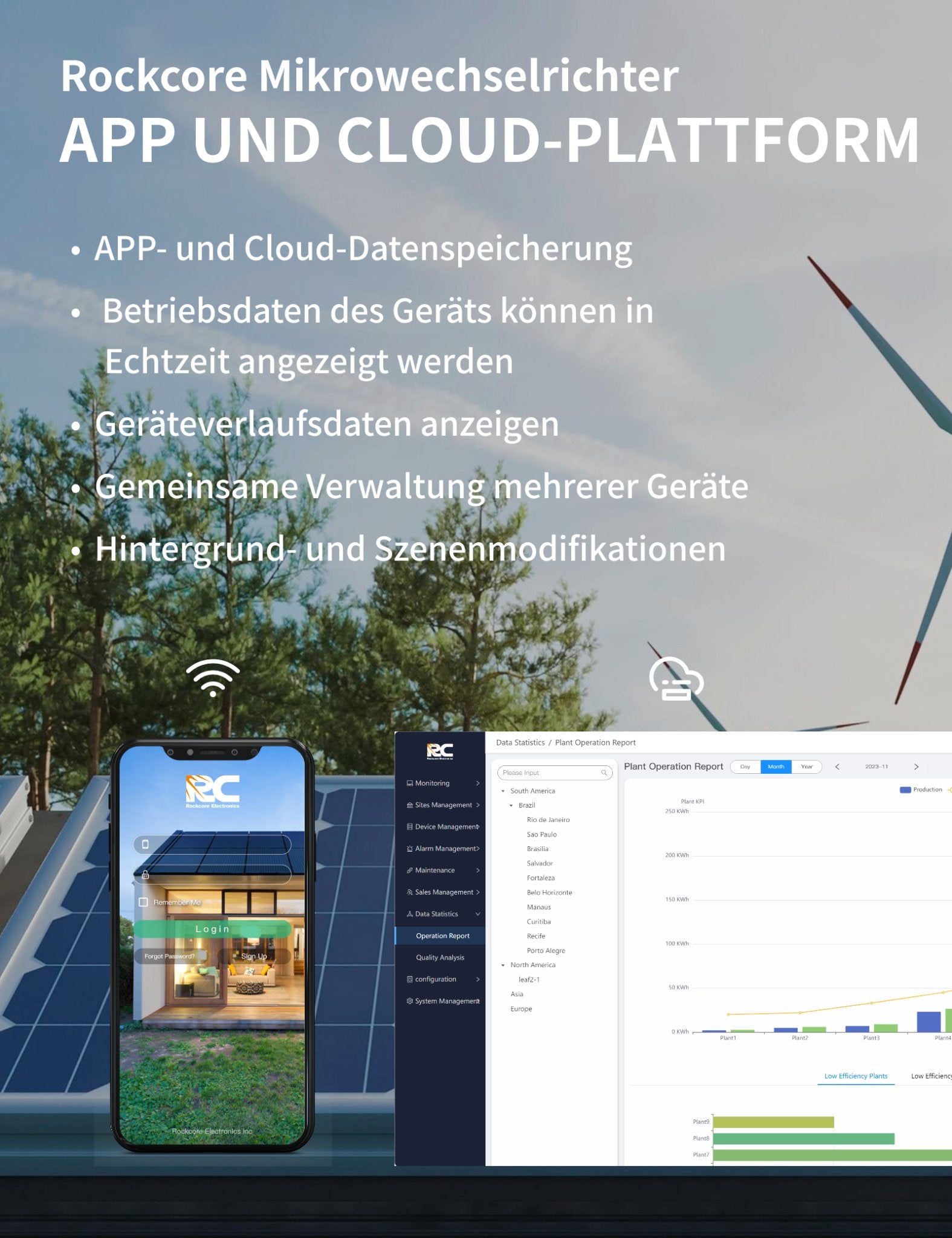 Der schwarze RC800W Mikro-Photovoltaik-Wechselrichter ist mit der Rockcore Mikrowechselrichter APP und der Cloud-Plattform kompatibel. Mit der APP und der Cloud-Speicherung können Betriebsdaten in Echtzeit überwacht, Verlaufsdaten abgerufen und mehrere Geräte gemeinsam verwaltet werden. Zudem lassen sich Hintergrund- und Szenenmodifikationen einfach durchführen, um eine benutzerfreundliche Verwaltung zu ermöglichen.