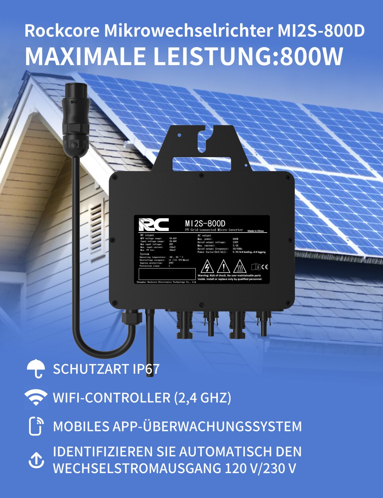 Hier wird der schwarze RC800W Mikro-Photovoltaik-Wechselrichter und seine Hauptfunktionen vorgestellt, Modell Rockcore Mikrowechselrichter M2S-800D. Maximale Leistung 800W, Schutzart IP67, 2,4 GHz Wi-Fi-Steuerung und mobile App-Überwachung zur automatischen Erkennung des Wechselstromausgangs (120 V/230 V).