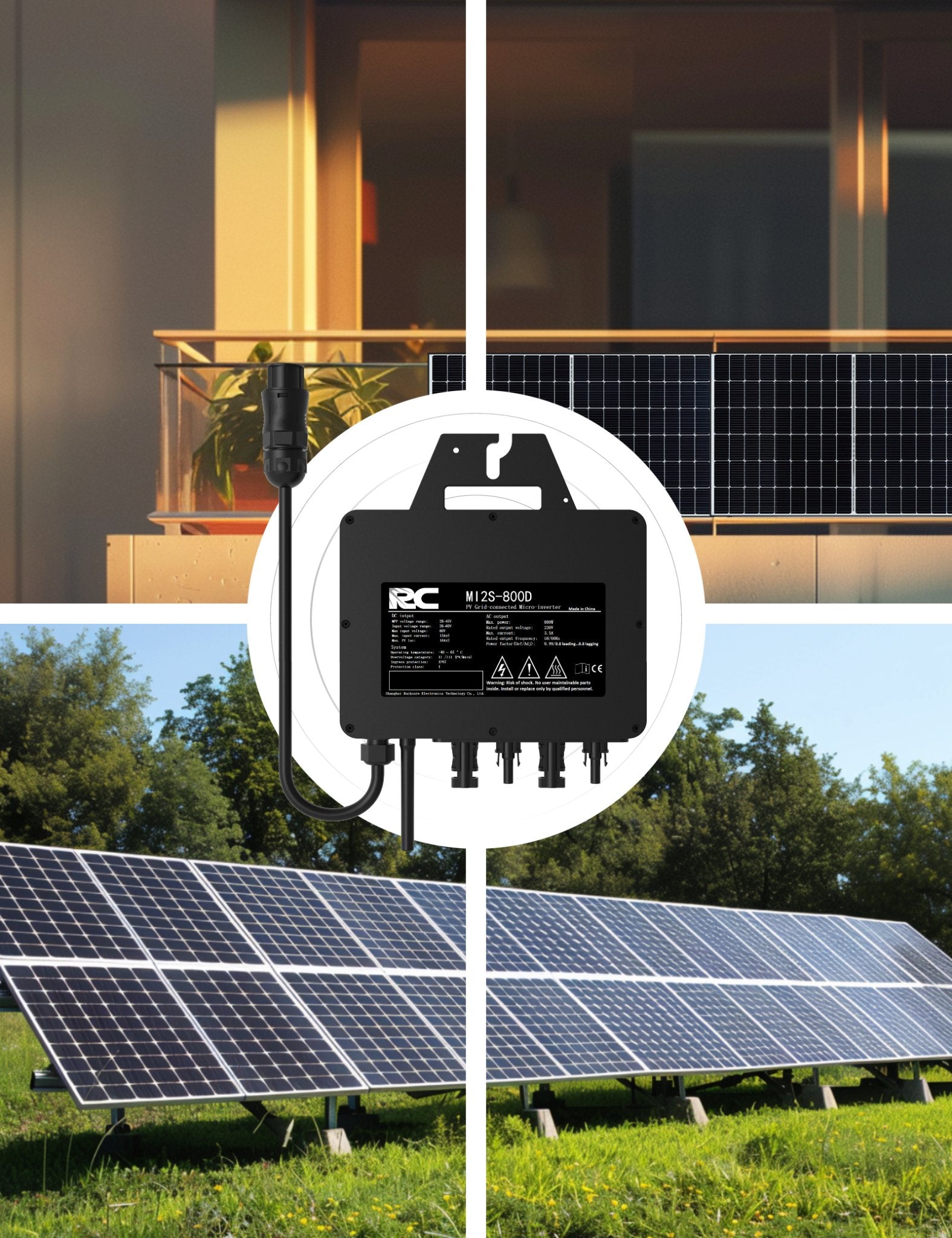 Zu sehen ist ein schwarzer RC800W Mikro-Photovoltaik-Wechselrichter, der nahtlos mit verschiedenen Solarsystemen kompatibel ist und in unterschiedlichsten Umgebungen zuverlässig und effizient arbeitet – die perfekte Lösung für Ihre Energiebedürfnisse.