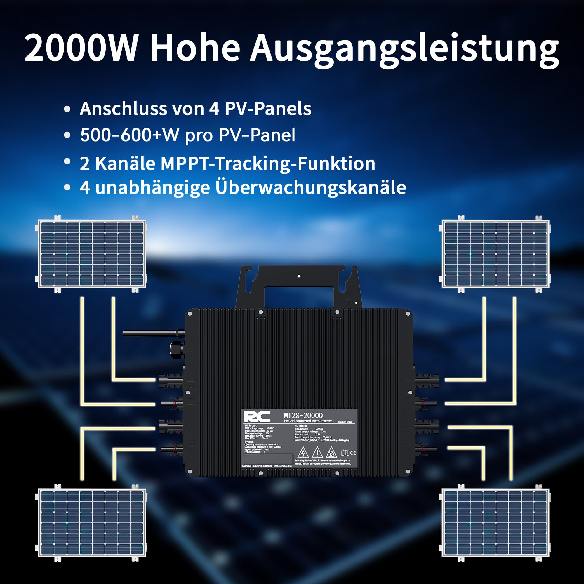 Vor einem blauen Hintergrund ist der schwarze RC 2000W Photovoltaik Mikro-Wechselrichter abgebildet, der eine beeindruckende Ausgangsleistung von 2000W bietet. Er kann an 4 PV-Panels mit 500-600W+ pro Panel angeschlossen werden und verfügt über eine 2-Kanal MPPT-Tracking-Funktion sowie 4 unabhängige Überwachungskanäle, die für eine effiziente und stabile Leistung sorgen.