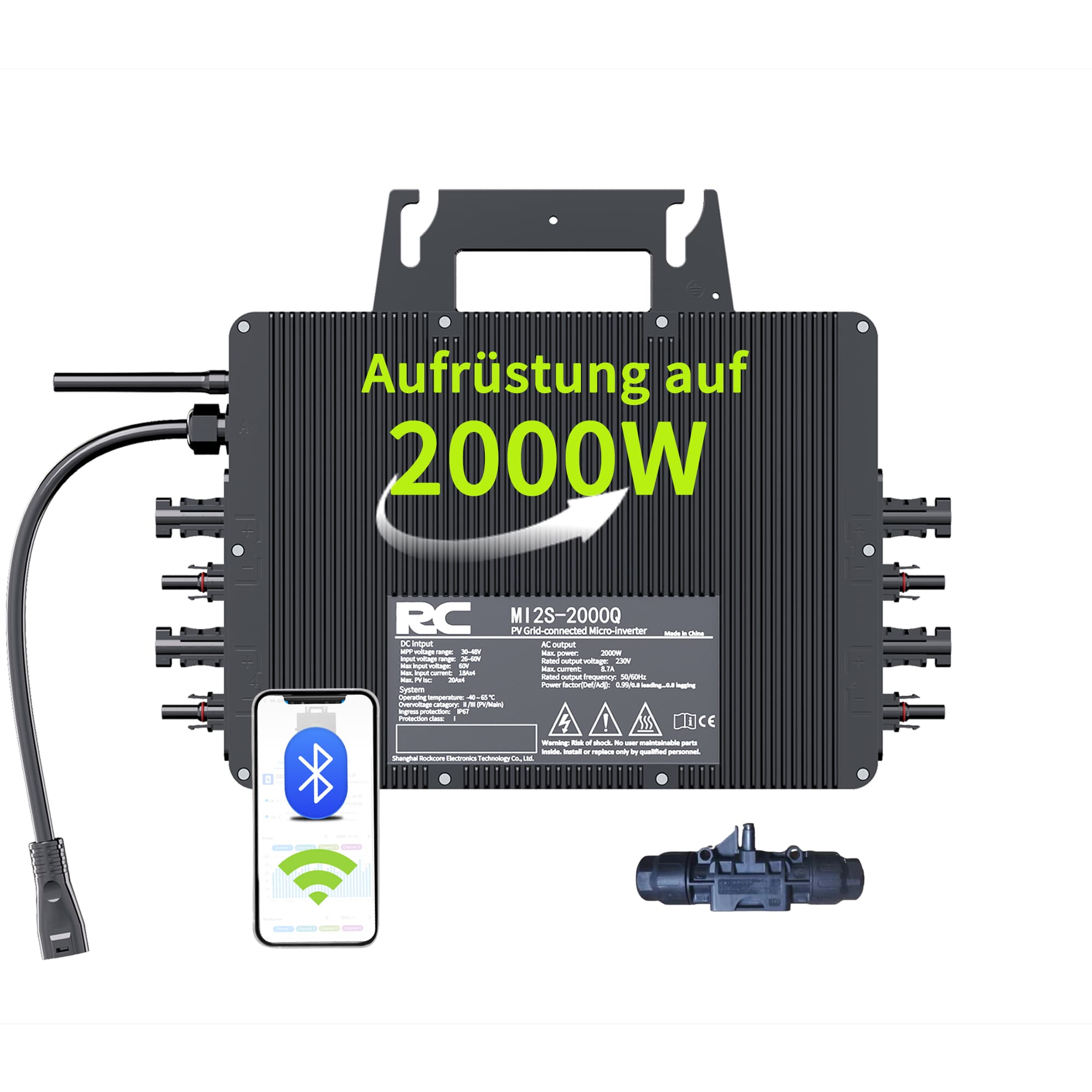 Vor weißem Hintergrund ist der schwarze RC 2000W Photovoltaik Mikro-Wechselrichter abgebildet, den Benutzer über WiFi oder Bluetooth mit ihrem Handy einfach und effizient steuern können.