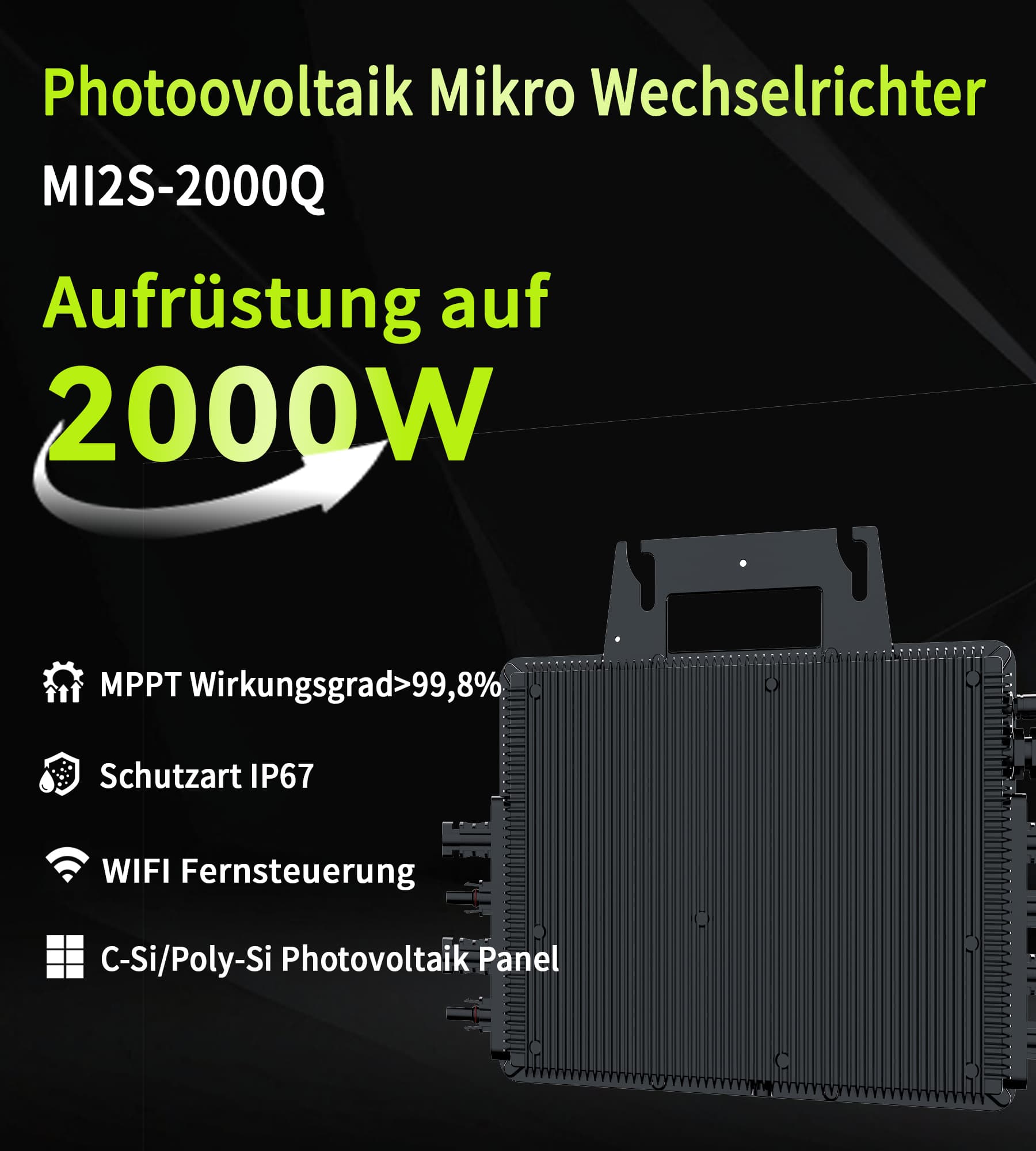 Vor schwarzem Hintergrund ist der schwarze RC 2000W Photovoltaik Mikro-Wechselrichter (M12S-2000Q) abgebildet, mit einer Leistungserhöhung auf 2000W, einem MPPT-Wirkungsgrad von >99,8%, Schutzart IP67 und WiFi-Fernsteuerung. Kompatibel mit C-Si/Poly-Si Photovoltaik-Panels.