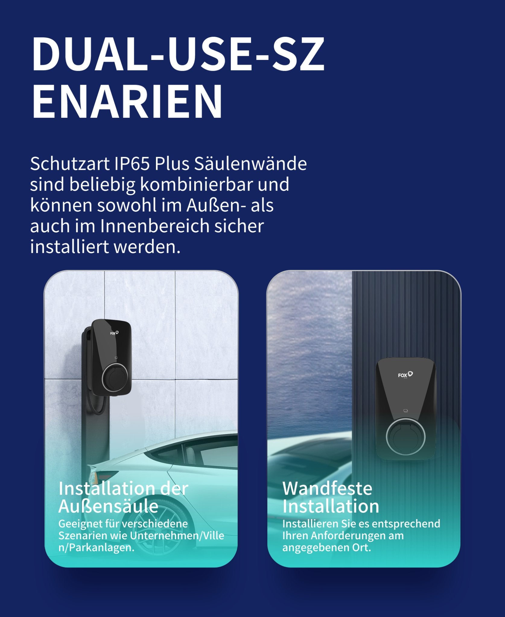 Es wird eine schwarze FoxESS 22 kW Wallbox für Elektrofahrzeuge gezeigt, die mit der Schutzart IP65 ausgestattet ist. Sie ist für verschiedene Szenarien geeignet, wie Unternehmen, Einkaufszentren und Parkanlagen. Die Säulen- und Wandmontage können je nach Bedarf kombiniert werden und die Installation kann sowohl im Außen- als auch im Innenbereich sicher erfolgen.