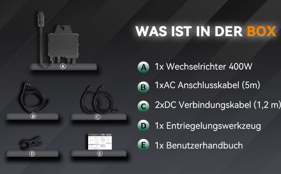 Vor schwarzem Hintergrund wird die Verpackung des schwarzen RC400W Photovoltaik-Mikro-Wechselrichters präsentiert, mit: 400W Wechselrichter, 5m AC-Kabel, 2x 1,2m DC-Kabel, Entriegelungswerkzeug und Benutzerhandbuch.