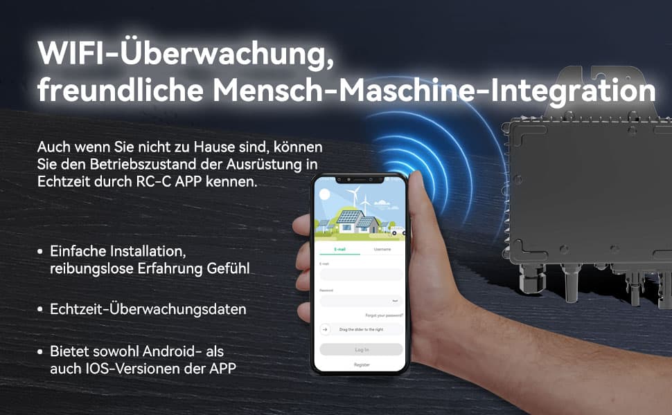 Ein Benutzer steuert den schwarzen RC400W Photovoltaik-Mikro-Wechselrichter per Smartphone über Wi-Fi. Einfache Installation und reibungslose Nutzung. Mit der RC-CAPP-App können Sie den Gerätebetrieb in Echtzeit überwachen, unterstützt durch Wi-Fi-Überwachung und Mensch-Maschine-Integration. Die App ist für Android und iOS verfügbar und ermöglicht die Fernsteuerung, auch wenn Sie nicht zu Hause sind.