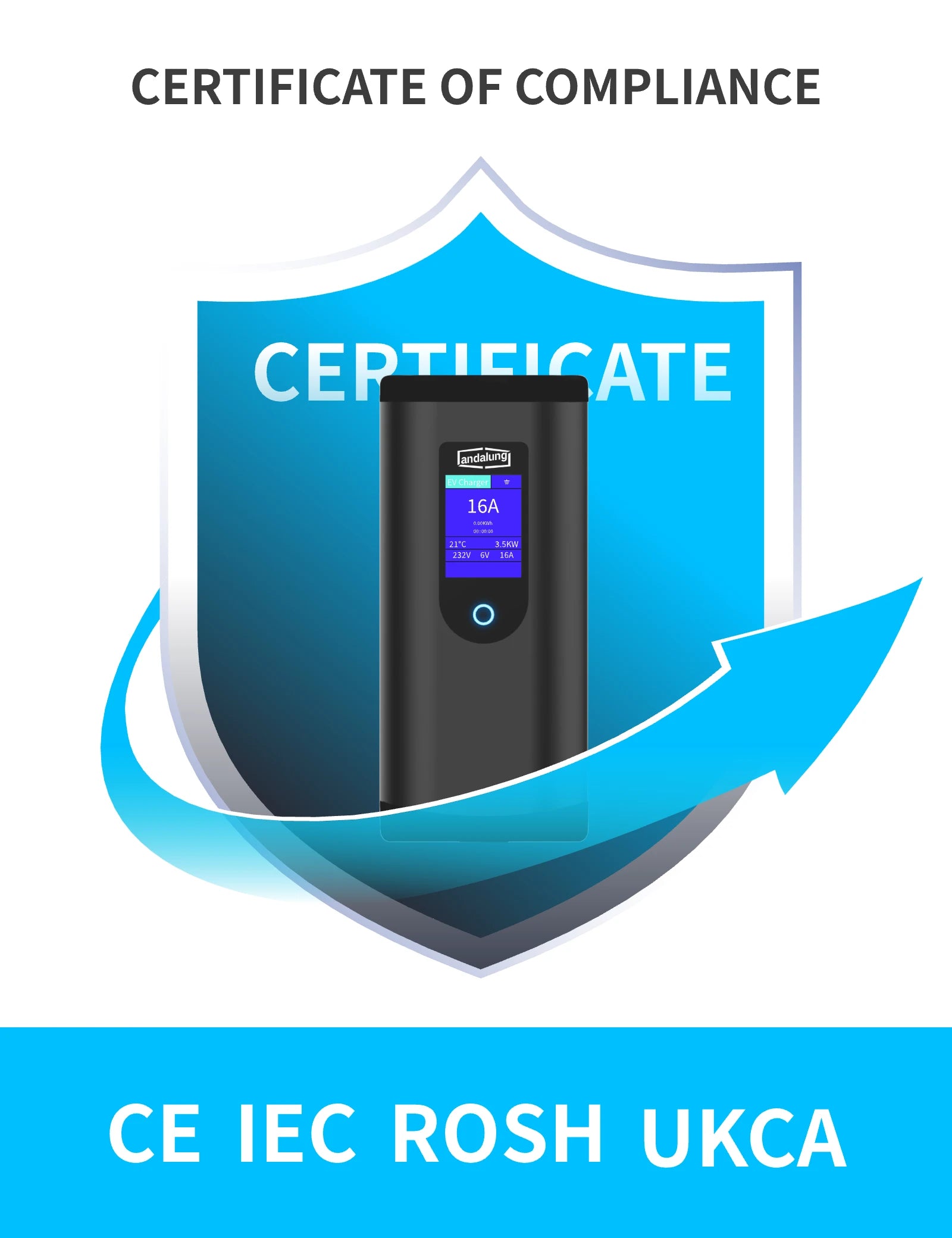 Dies ist das Zertifikat für das schwarze Andalung 3,5 kW EV-Ladegerät, das mit CE-, IEC-, ROHS- und UKCA-Zertifizierungen ausgezeichnet ist, um sicherzustellen, dass das Produkt den europäischen und internationalen Sicherheitsstandards entspricht.