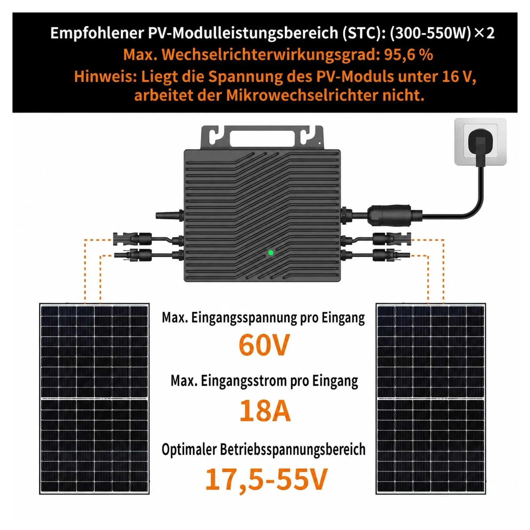ELECWAY VN2T08 800W Mikro-Wechselrichter mit PV-Modul Anschluss und 60V Eingangsspannung