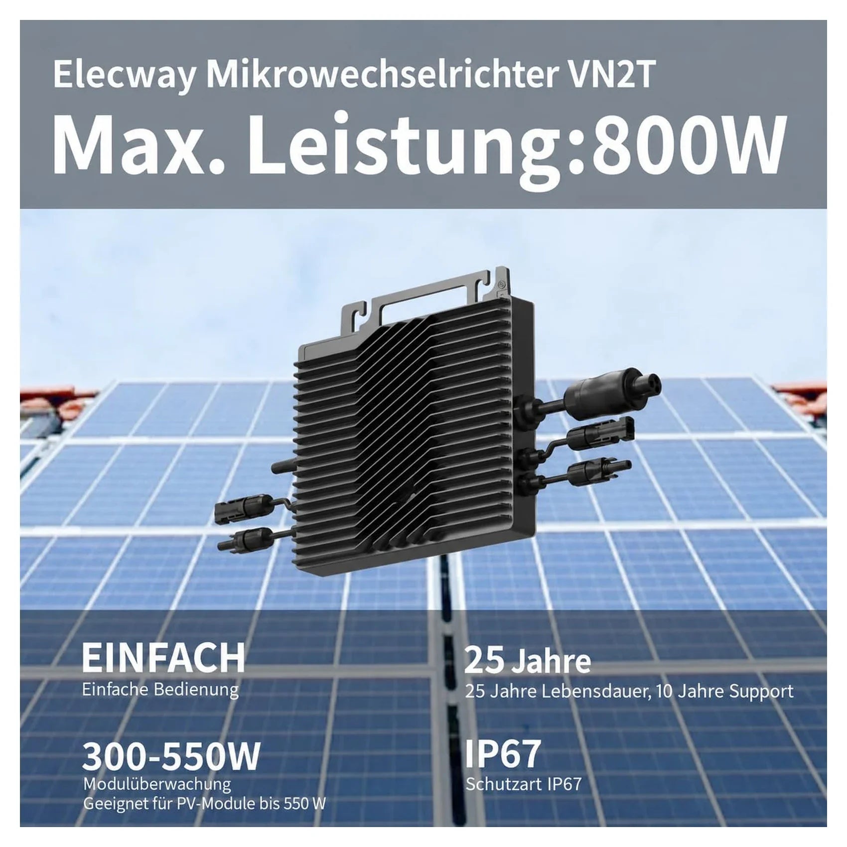 ELECWAY VN2T08 800W Mikro-Wechselrichter für Solarmodule mit IP67 und Dual MPPT