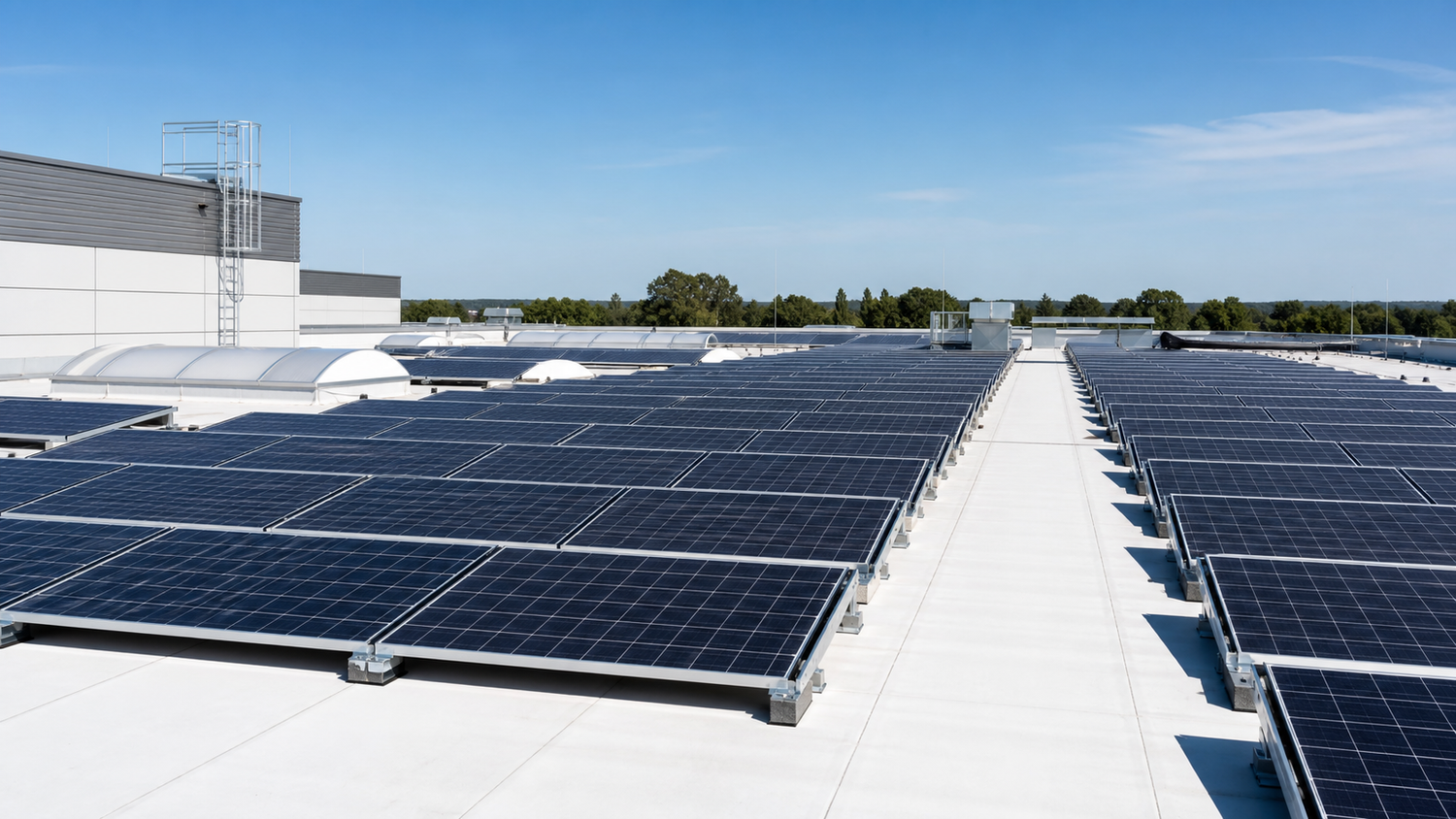 Photovoltaikmodule auf einem gewerblichen Flachdach mit heller flexibler Dachbahn