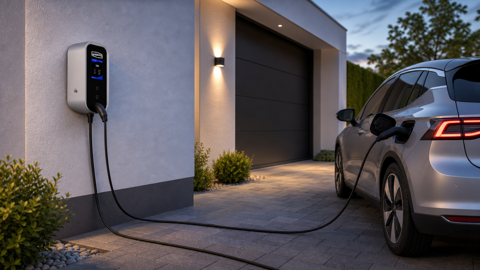 11kW Wallbox mit 10m Kabel in einer Garageneinfahrt, das Ladekabel erreicht bequem den Ladeanschluss eines Elektroautos.