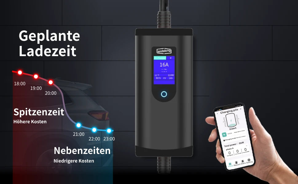 Dieses elegante, 11 kW starke tragbare EV-Ladegerät mit einem 7 Meter langen Kabel lässt sich bequem über eine Smartphone-App steuern. Nutzer können einfach die Ladezeiten festlegen und während der Niedrigverbrauchszeiten zu günstigeren Tarifen laden, um ihre Stromkosten zu senken und Energie zu sparen.
