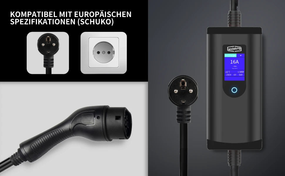 Dieses stilvolle schwarze 3,5 kW tragbare EV-Ladegerät ist mit einem 7 Meter langen Schuko-Stecker ausgestattet und vollständig kompatibel mit den europäischen Standards. Es eignet sich für verschiedene Haushaltsanwendungen und bietet hervorragende Kompatibilität und Benutzerfreundlichkeit – die ideale Lösung für Ihr Heimladen.