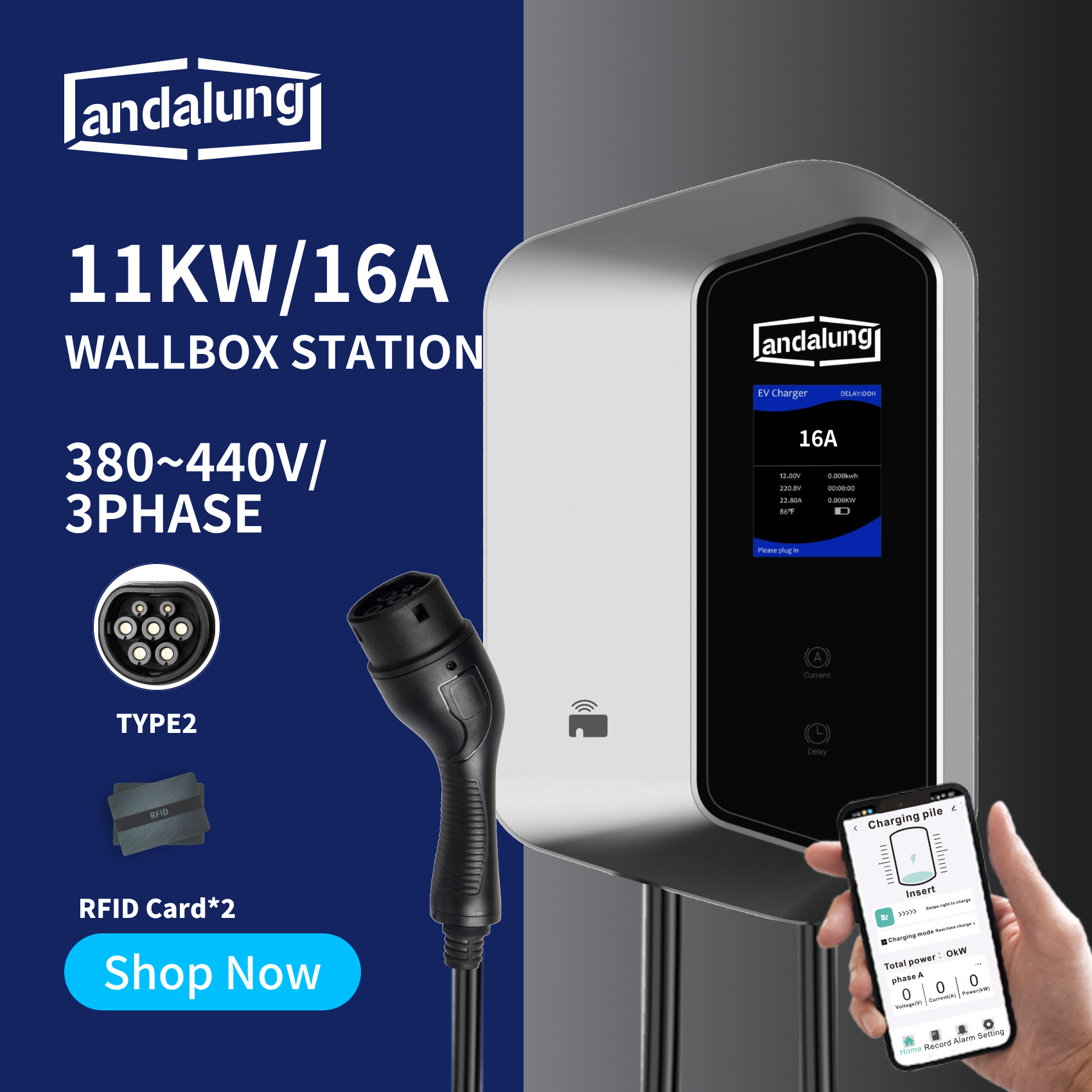 Hier wird eine silberne Andalung 11kW Wallbox-Ladestation gezeigt, die vor einem Hintergrund in Blau und Silber eine moderne Atmosphäre ausstrahlt. Ein Benutzer steuert die Ladestation bequem über sein Smartphone. Die Ladestation unterstützt 380–440V Drehstrom, bietet eine Leistung von 11 kW und einen Type 2 Anschluss. Sie wird mit zwei RFID-Karten geliefert und ermöglicht ein benutzerfreundliches, intelligentes Ladeerlebnis.