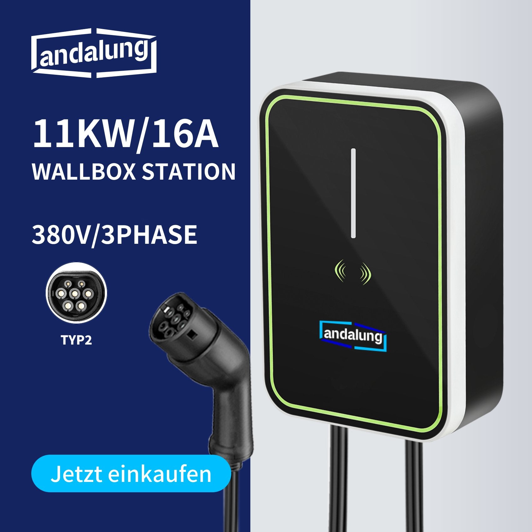 Vor einem stilvollen blau-weißen Hintergrund wird die schwarze 11kW Andalung Wallbox-Ladestation präsentiert. Mit 380V/3-Phasen-Strom und einem leistungsstarken TYPE2-Stecker bietet sie eine zuverlässige und bequeme Ladeerfahrung。