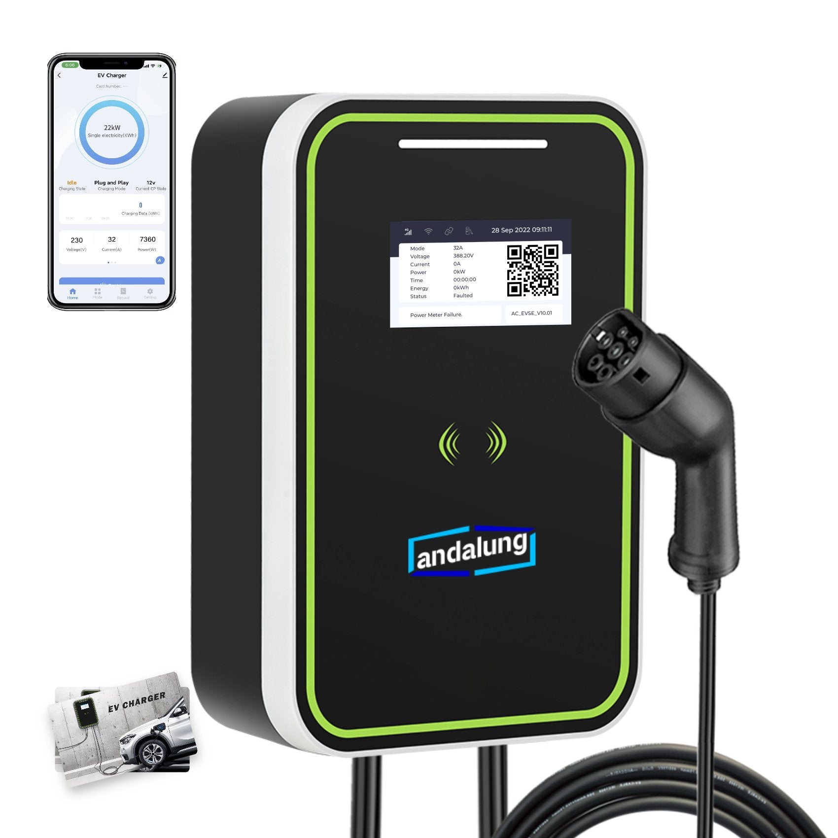 Vor weißem Hintergrund sehen Sie die schwarze Andalung 22kW Wallbox, die es Nutzern ermöglicht, das Laden bequem per Karte oder über die mobile App zu steuern. Zusätzlich können sie den QR-Code scannen, um den Ladefortschritt in Echtzeit zu verfolgen und so den Alltag noch komfortabler zu gestalten.