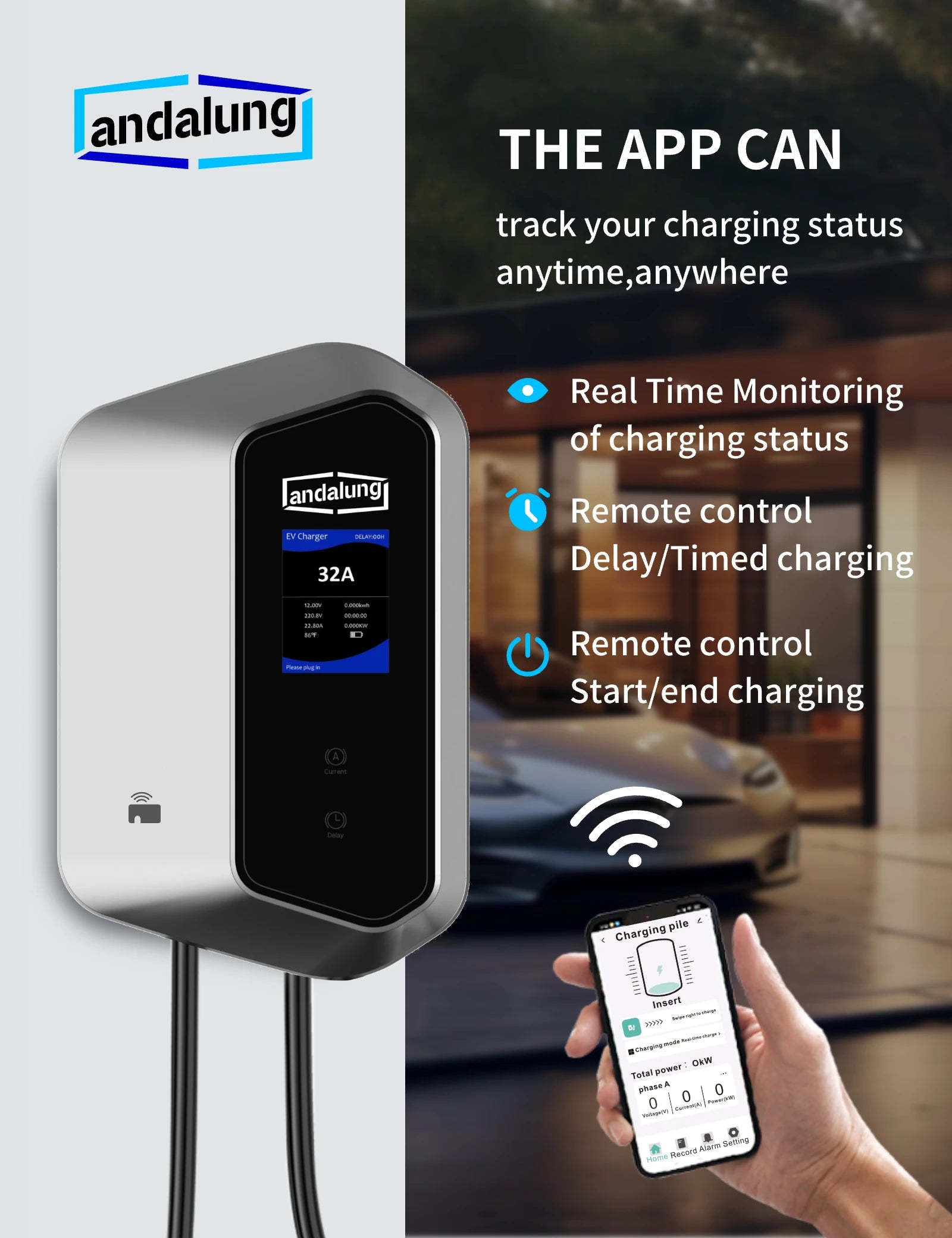 Ein Benutzer verbindet sich über die App mit dem WiFi und steuert mühelos die silberne Andalung 22kW Wallbox für Elektrofahrzeuge. Mit dieser App können Benutzer jederzeit und überall den Ladezustand in Echtzeit verfolgen, den Ladevorgang präzise überwachen, bequem per Fernsteuerung laden, zeitgesteuertes Laden oder verzögertes Laden einstellen und das Laden nach Belieben starten oder stoppen – für eine noch smartere und komfortablere Laderfahrung.